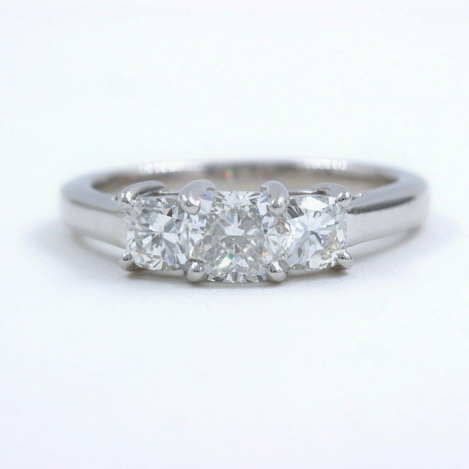 Blue Nile 3-Stone Platinum Diamond Engagement Ring Cushion 1.96 Carat For Sale 4