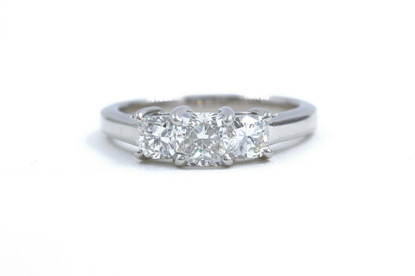 Women's Blue Nile 3-Stone Platinum Diamond Engagement Ring Cushion 1.96 Carat For Sale