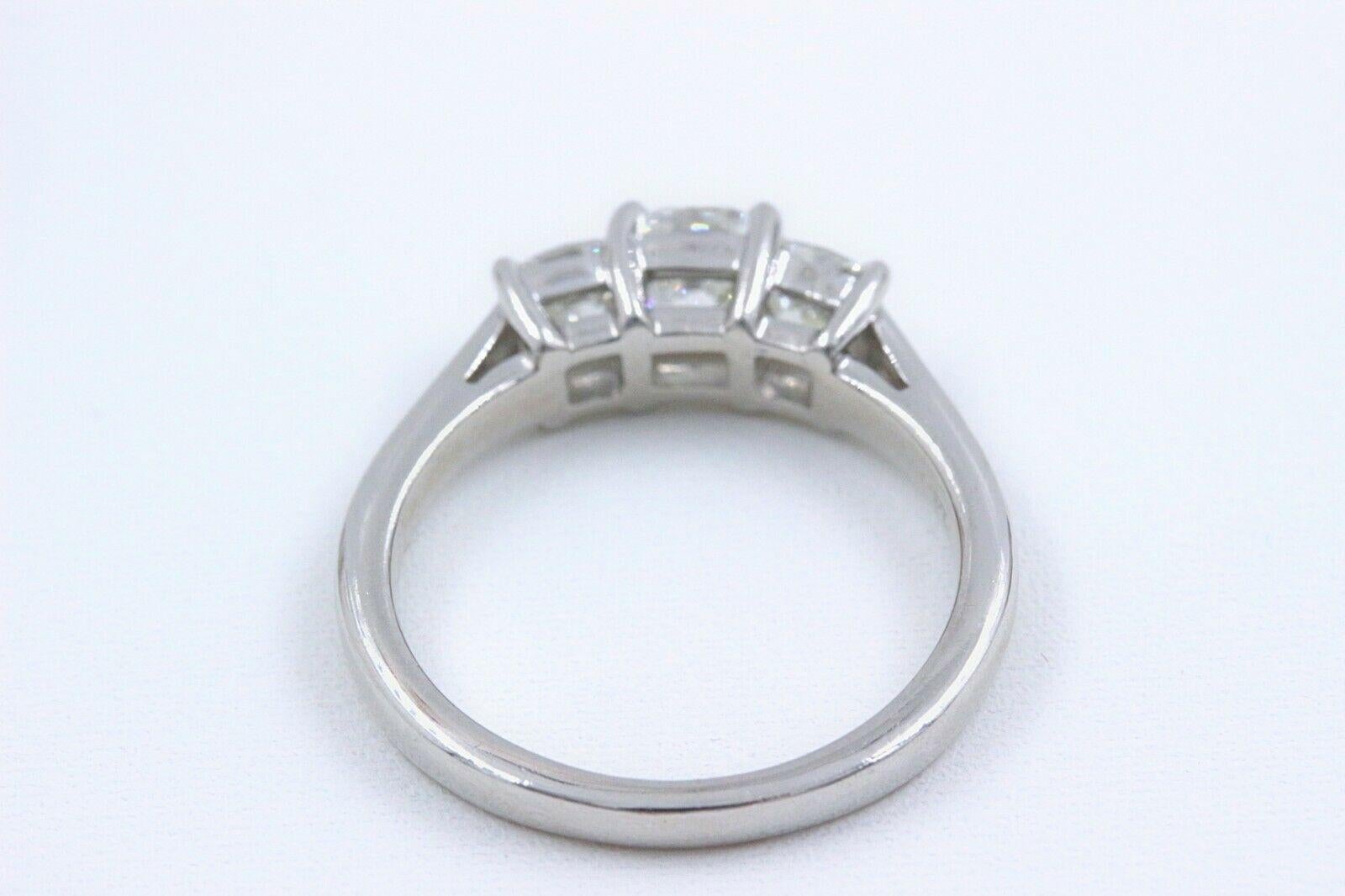 Blue Nile 3-Stone Platinum Diamond Engagement Ring Cushion 1.96 Carat For Sale 1
