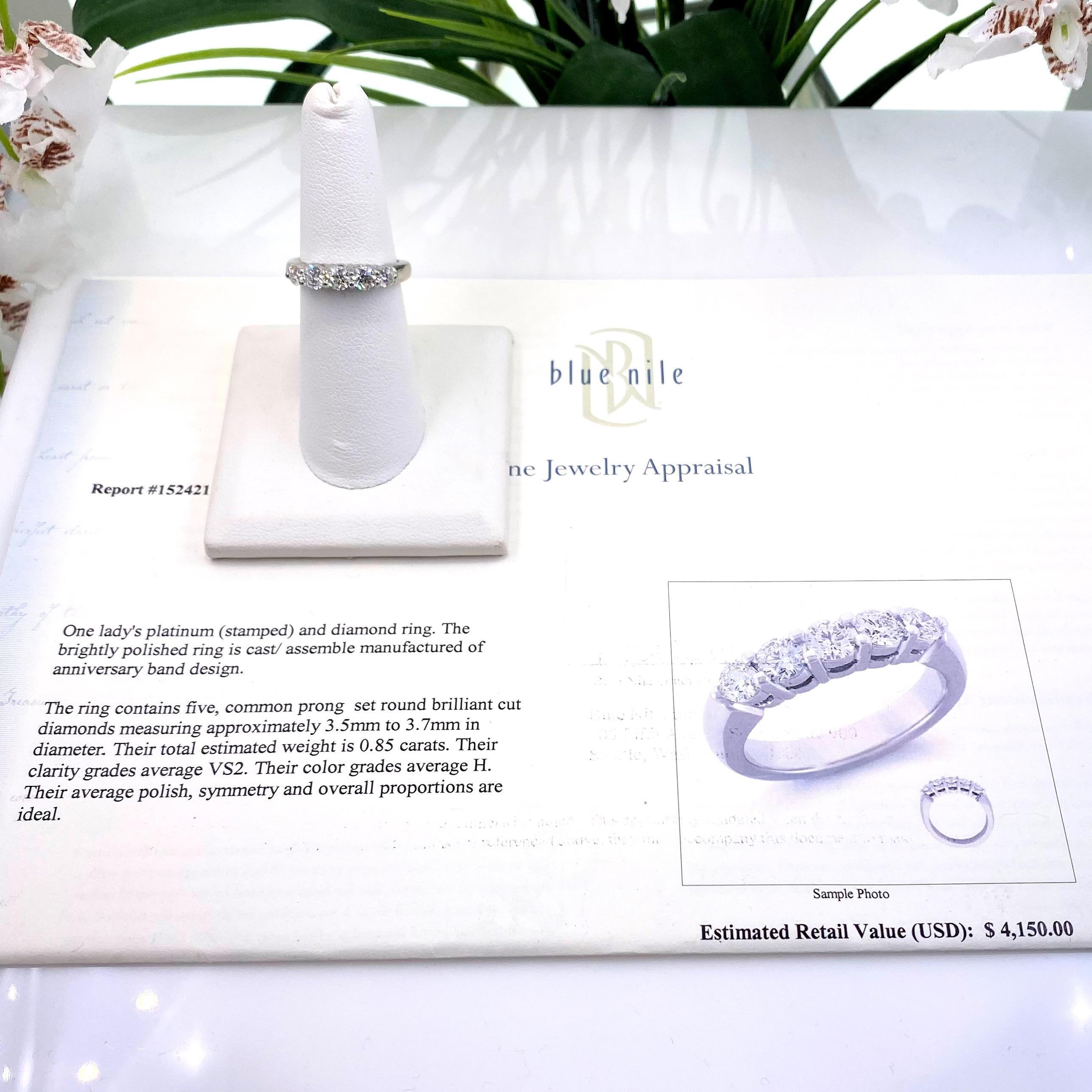 Blue Nile Anniversary Diamond Band Ring
Style:  5-Stone 
Metal:  Platinum
Size:  6.25 - sizable
Measurements:  3.5 MM to 3.7 MM
TCW:  0.85 tcw
Main Diamond:  5 Round Brilliant Diamonds
Color & Clarity:  H - VS2 
Hallmark:  PT
Includes:  Blue Nile