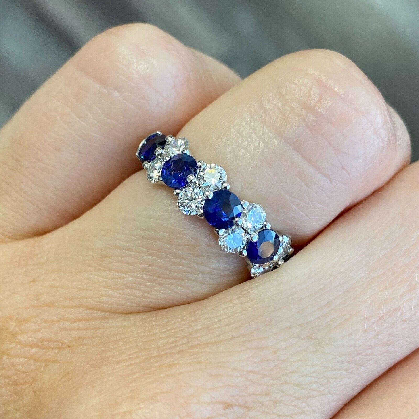 Specifications:
    main stone:5PS ROUND CUT SAPPHIRE (4MM EACH)
    DIAMONDS:8 PCS
    DIAMONDS carat total weight:APPROX. 0.85 CARAT TOTAL WEIGHT
    color:H
    clarity:VS2
    brand:BLUE NILE
    metal:PLATINUM
    type:HALF WAY ETERNITY ring
  
