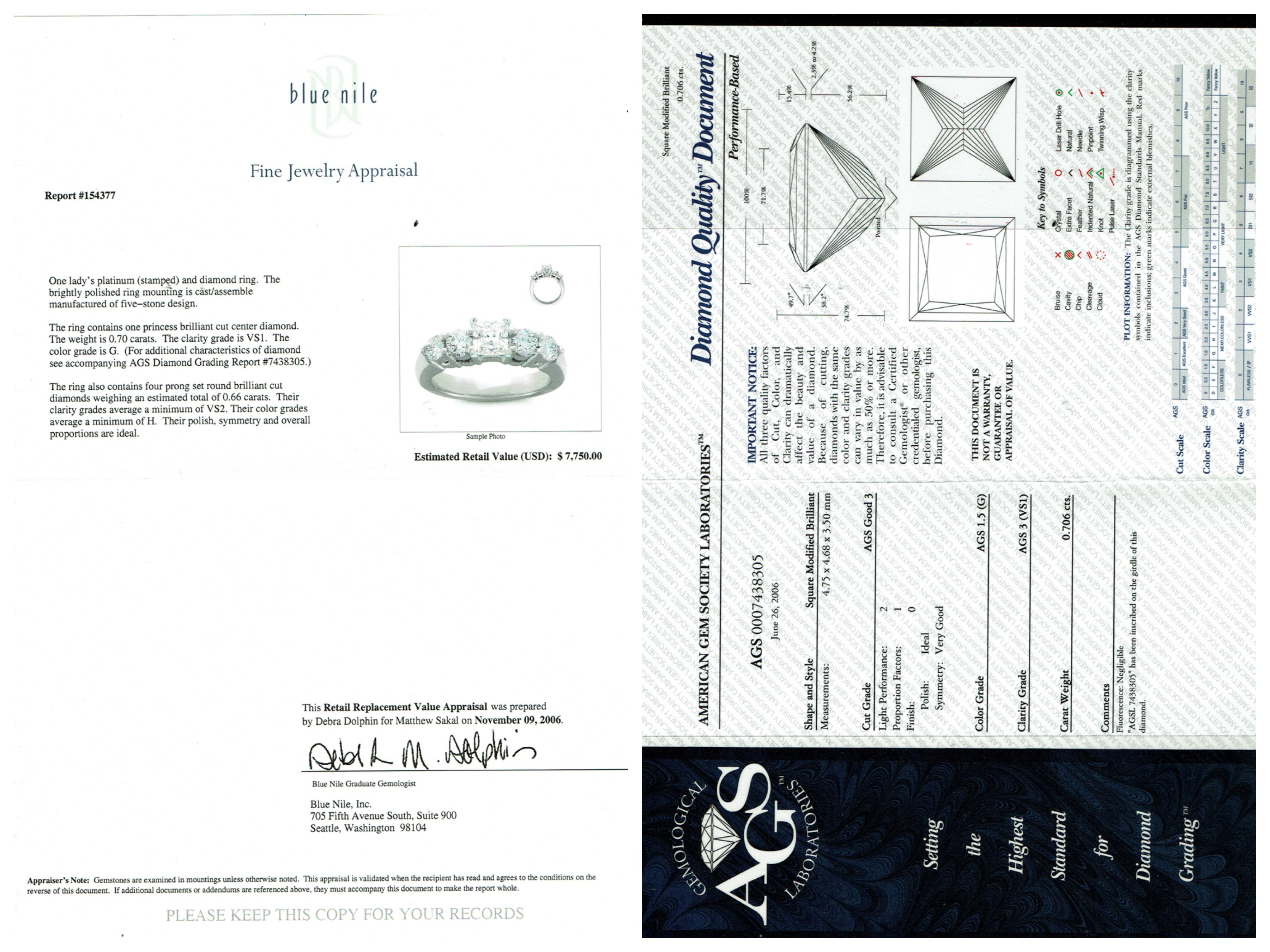 Bague de fiançailles en platine Blue Nile Princess Diamond 1,36 carat G VS1 AGS Excellent état - En vente à San Diego, CA