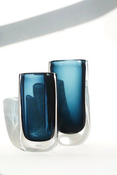 Blue Nils Landberg for Orrefors Crystal Glass Vases, Sweden, 1950s