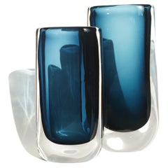 Blue Nils Landberg for Orrefors Crystal Glass Vases, Sweden, 1950s