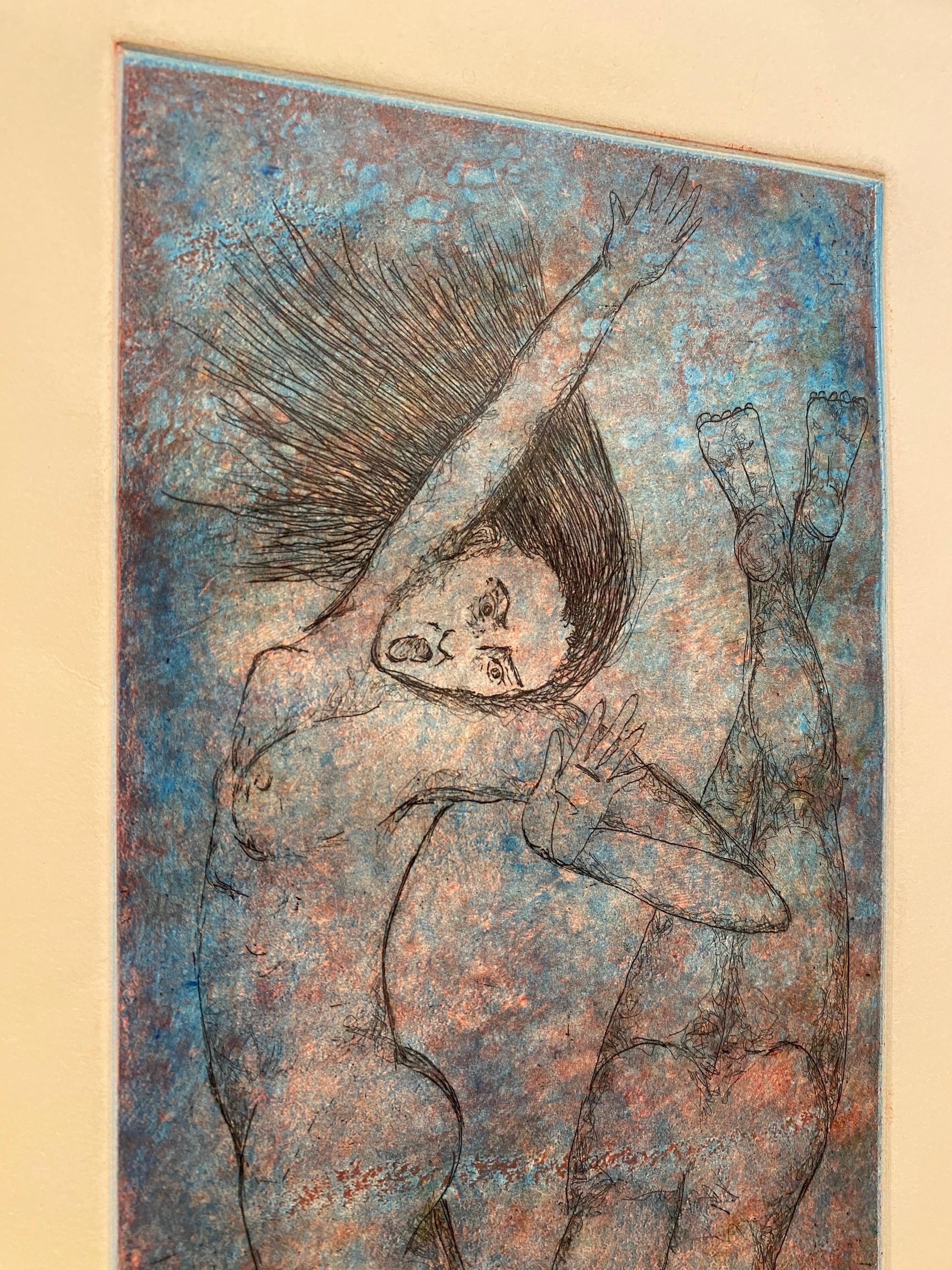 Bonito par de desnudos presentados en un marco de madera rubia bajo cristal. Este aguafuerte coloreado, firmado a lápiz en la parte inferior derecha por el artista, tiene un aire etéreo, con una coloración y un tono submarinos.

la imagen impresa