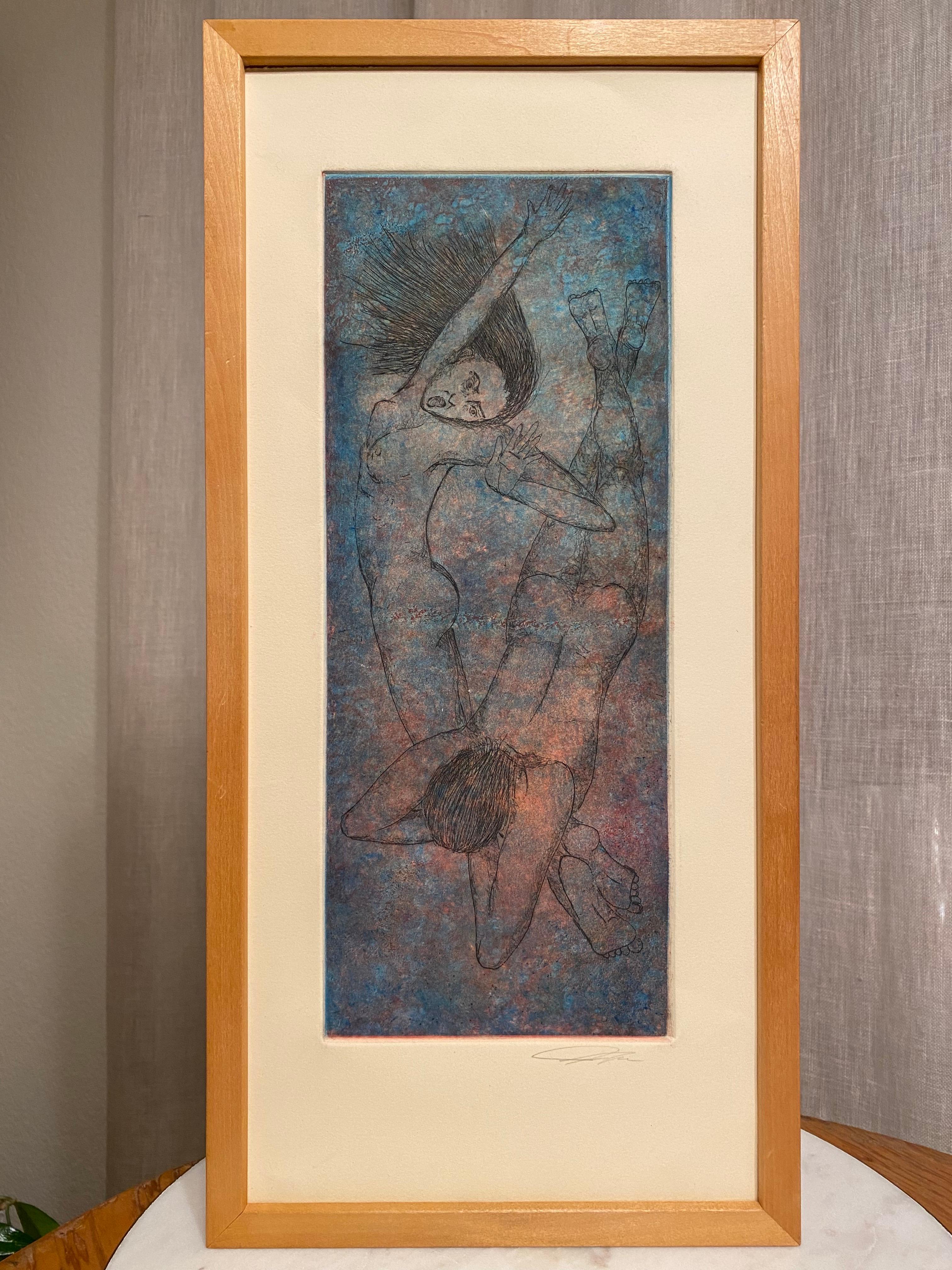 Desnudos Azules Grabados en Marco de Madera Rubia Minimalista Bohemio en venta