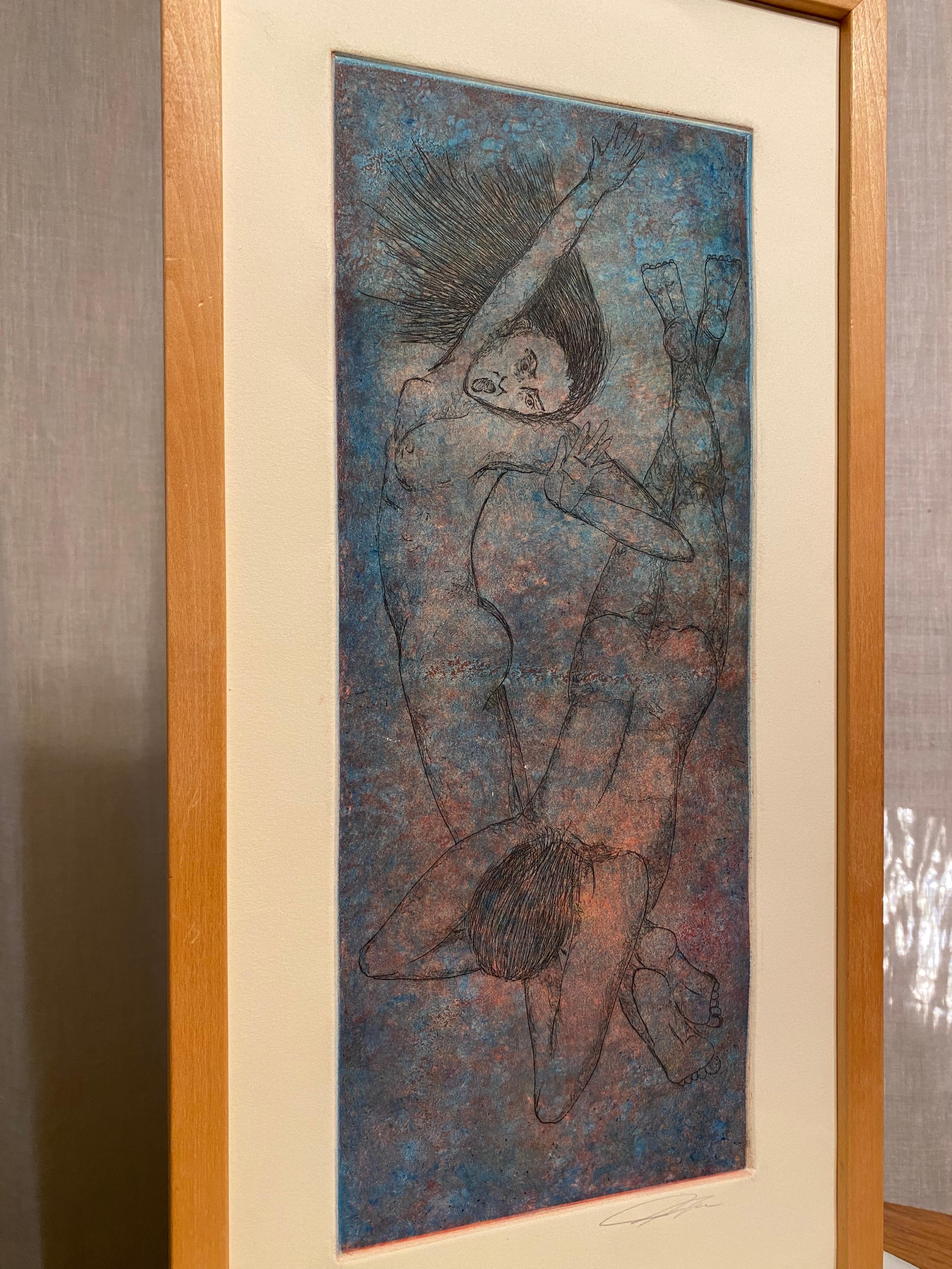 Desnudos Azules Grabados en Marco de Madera Rubia Minimalista Hecho a mano en venta