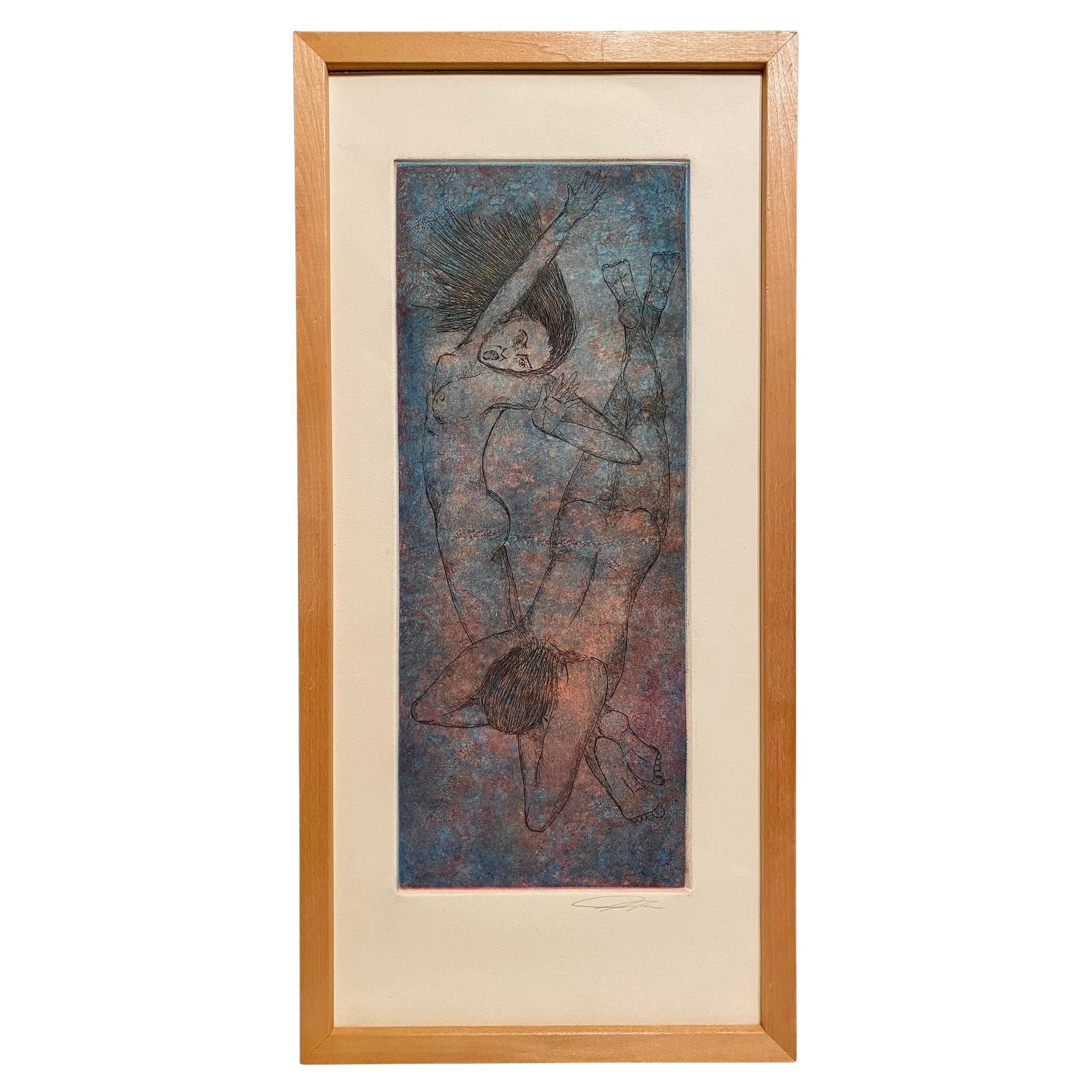 Blue Nudes Etching in Blonde Minimalist Hardwood Frame