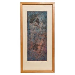 Blue Nudes Etching in Blonde Minimalist Hardwood Frame