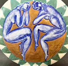 "Blue Nudes", Striking Art Deco Vase in Blue, Green & Gold by Cazaux