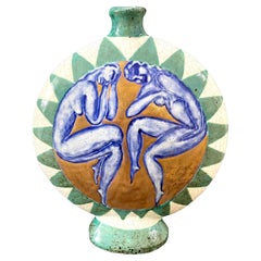 "Blue Nudes", Striking Art Deco Vase in Blue, Green & Gold by Cazaux
