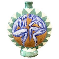 "Blue Nudes", Striking Art Deco Vase in Blue, Green & Gold by Cazaux