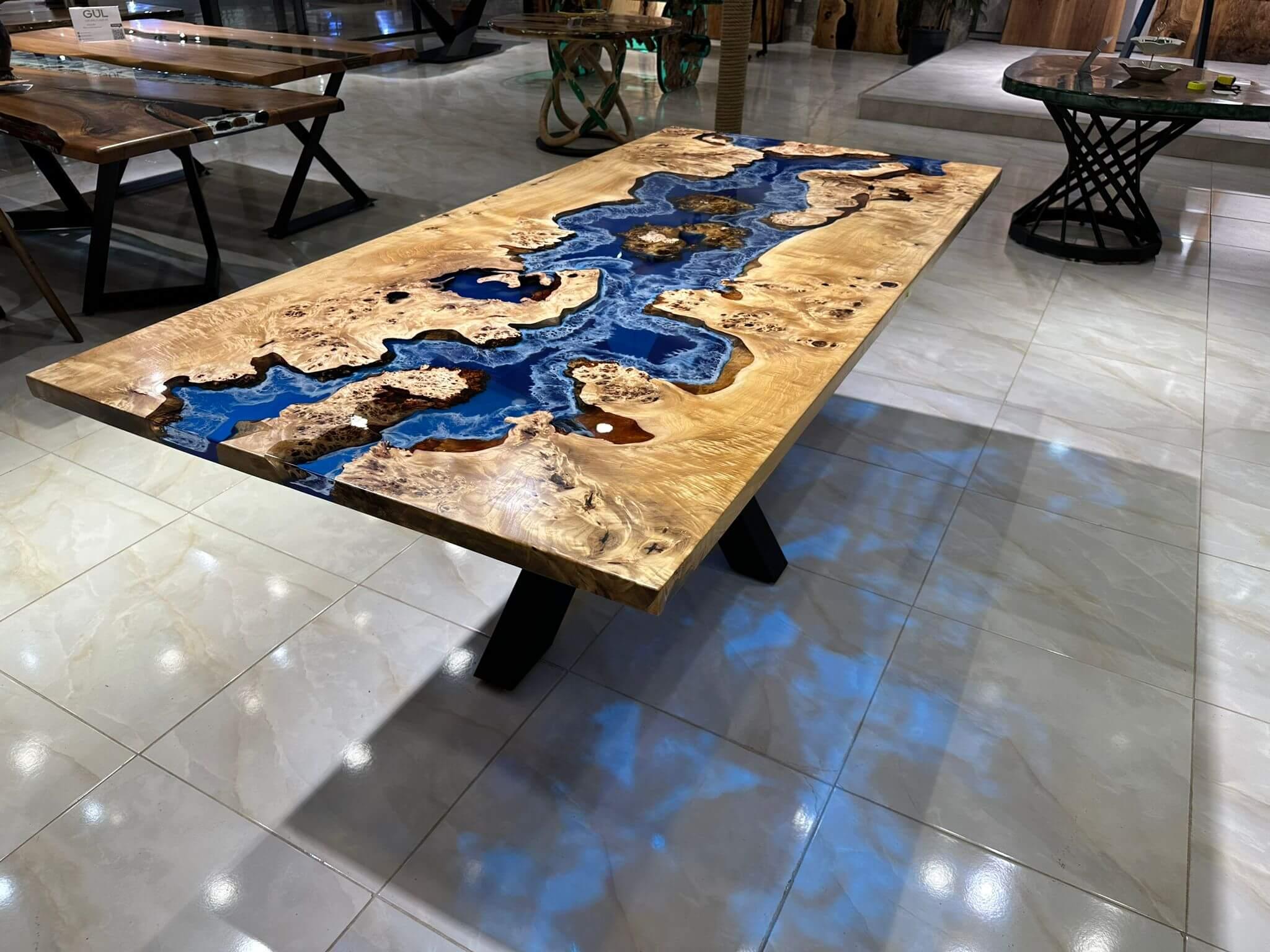Welded Blue Ocean Epoxy Resin Mappa Burl River Modern Table For Sale
