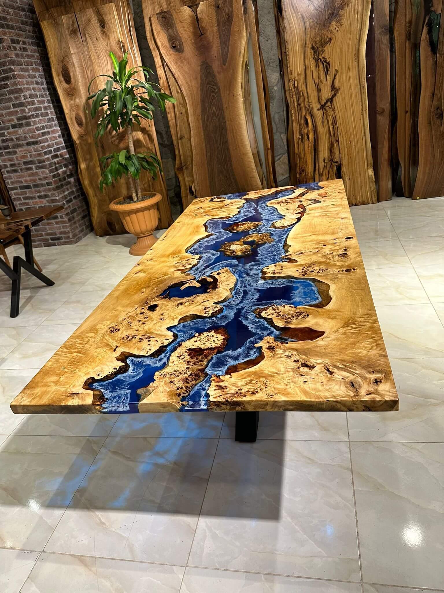 Contemporary Blue Ocean Epoxy Resin Mappa Burl River Modern Table For Sale