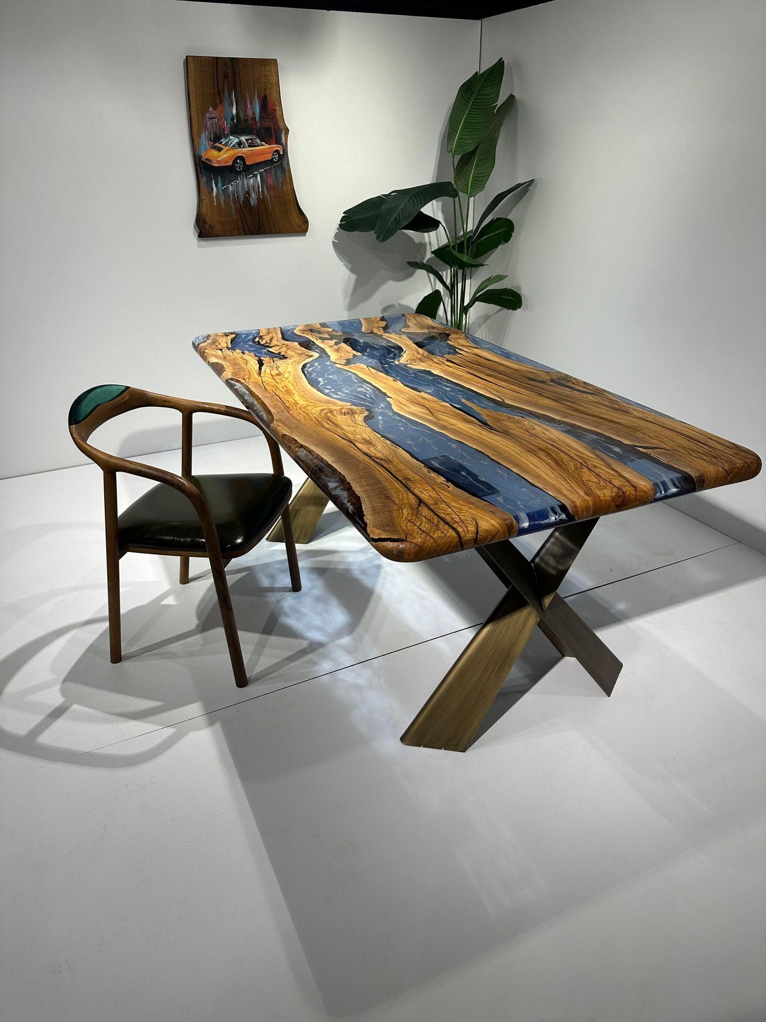Tavolo da pranzo in resina epossidica Blue Oliver - Tavolo da pranzo - Tavolo Wood personalizzato in vendita 4