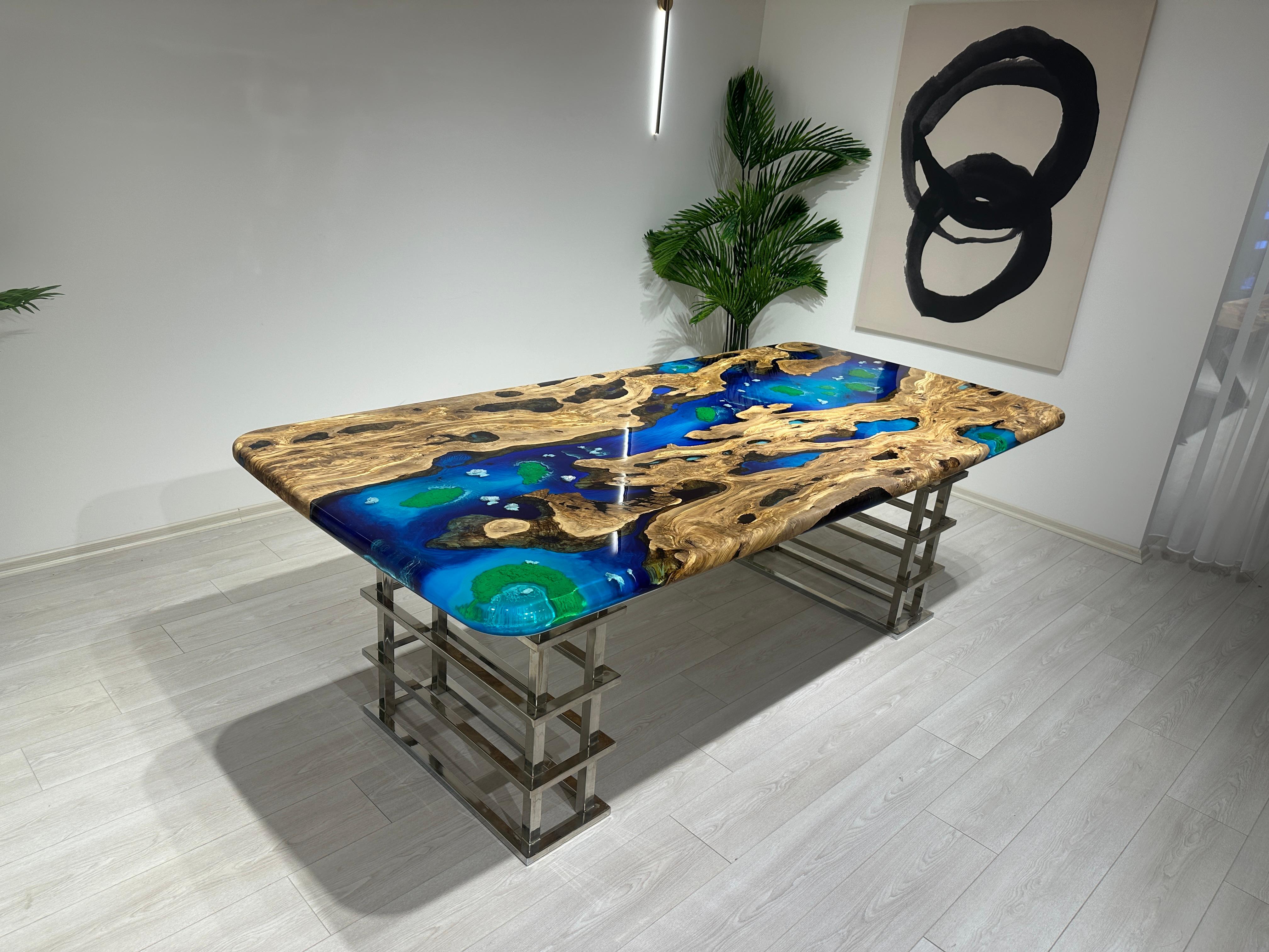 Tavolo da pranzo in resina epossidica blu Oliver - Tavolo in resina personalizzato - Tavolo Wood in vendita 3