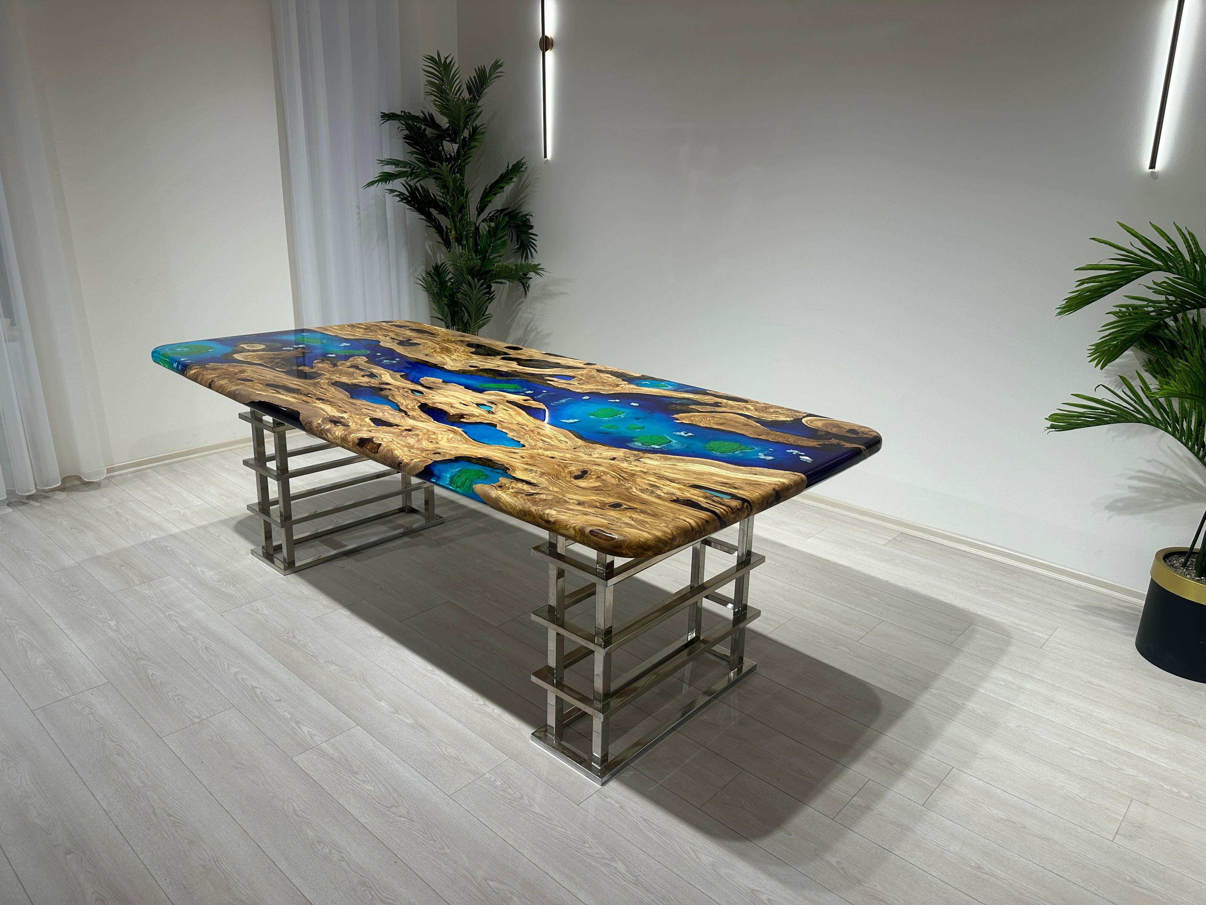 Tavolo da pranzo in resina epossidica blu Oliver - Tavolo in resina personalizzato - Tavolo Wood In condizioni Nuovo in vendita a İnegöl, TR