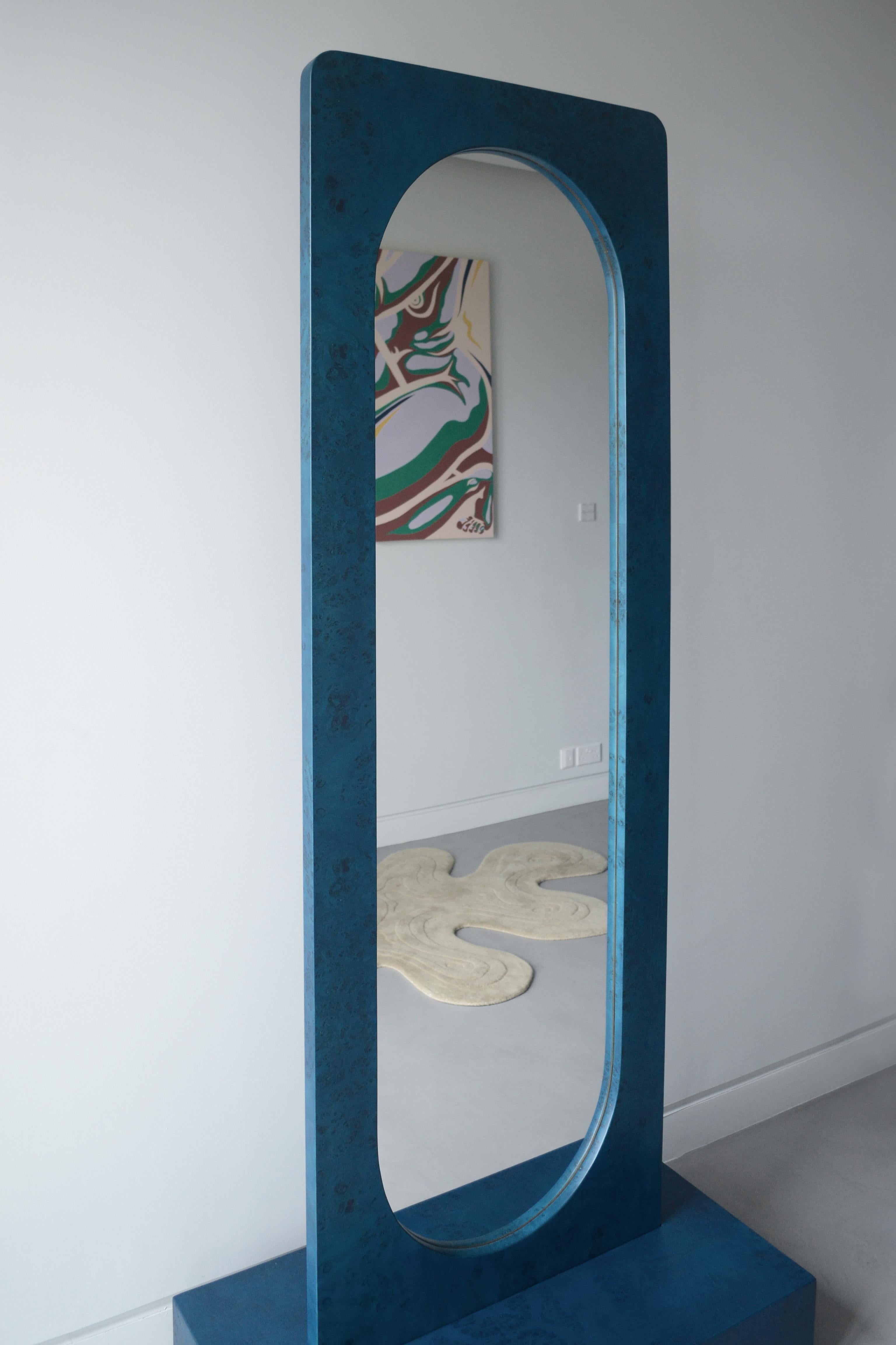 Contemporary BLUE ON BLUE Mappa Burl Veneer Standing Mirror For Sale