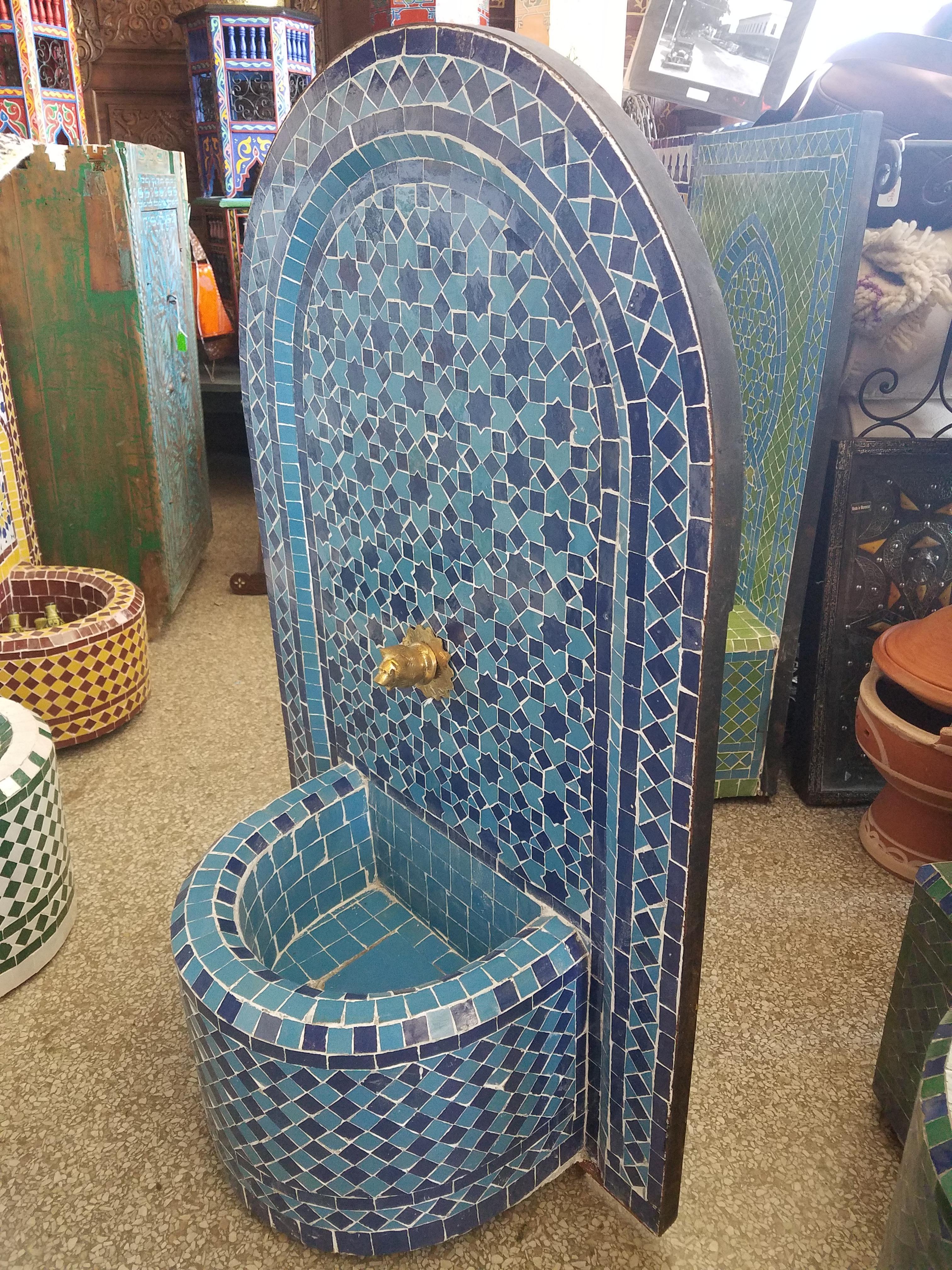 Contemporary Blue on Blue Moroccan Mosaic Tile Fountain For Sale