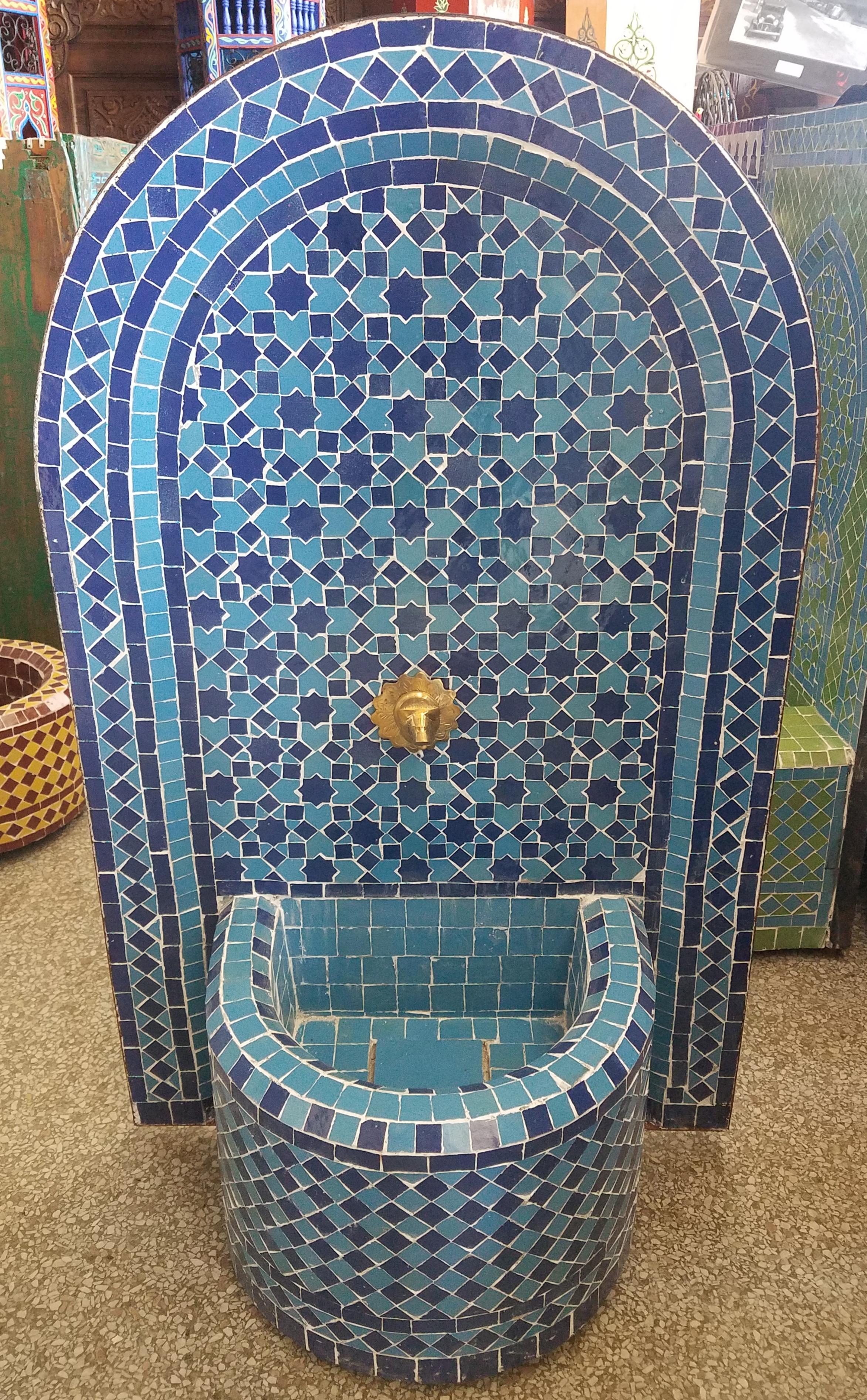 Blue on Blue Moroccan Mosaic Tile Fountain For Sale 1