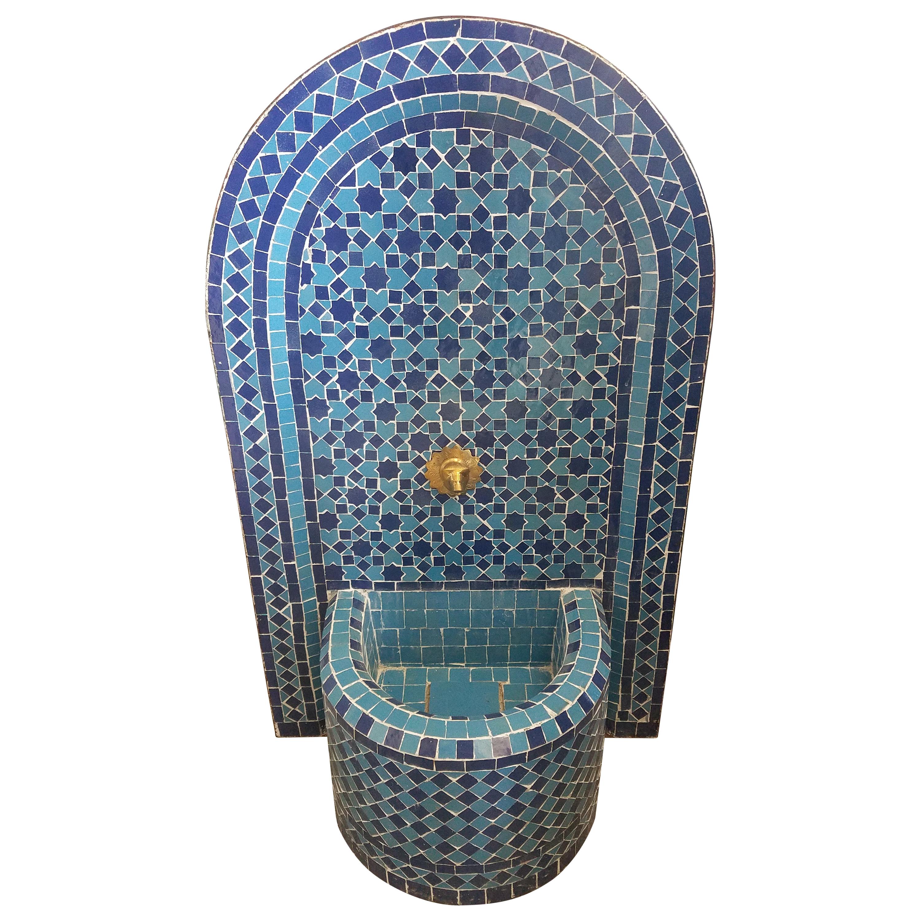 Blue on Blue Moroccan Mosaic Tile Fountain For Sale
