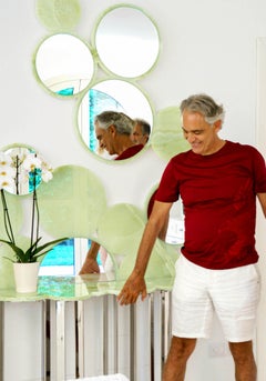 Blue Onyx Marble Console Table Wall Mirror, Steel Rings Base Collectible Design