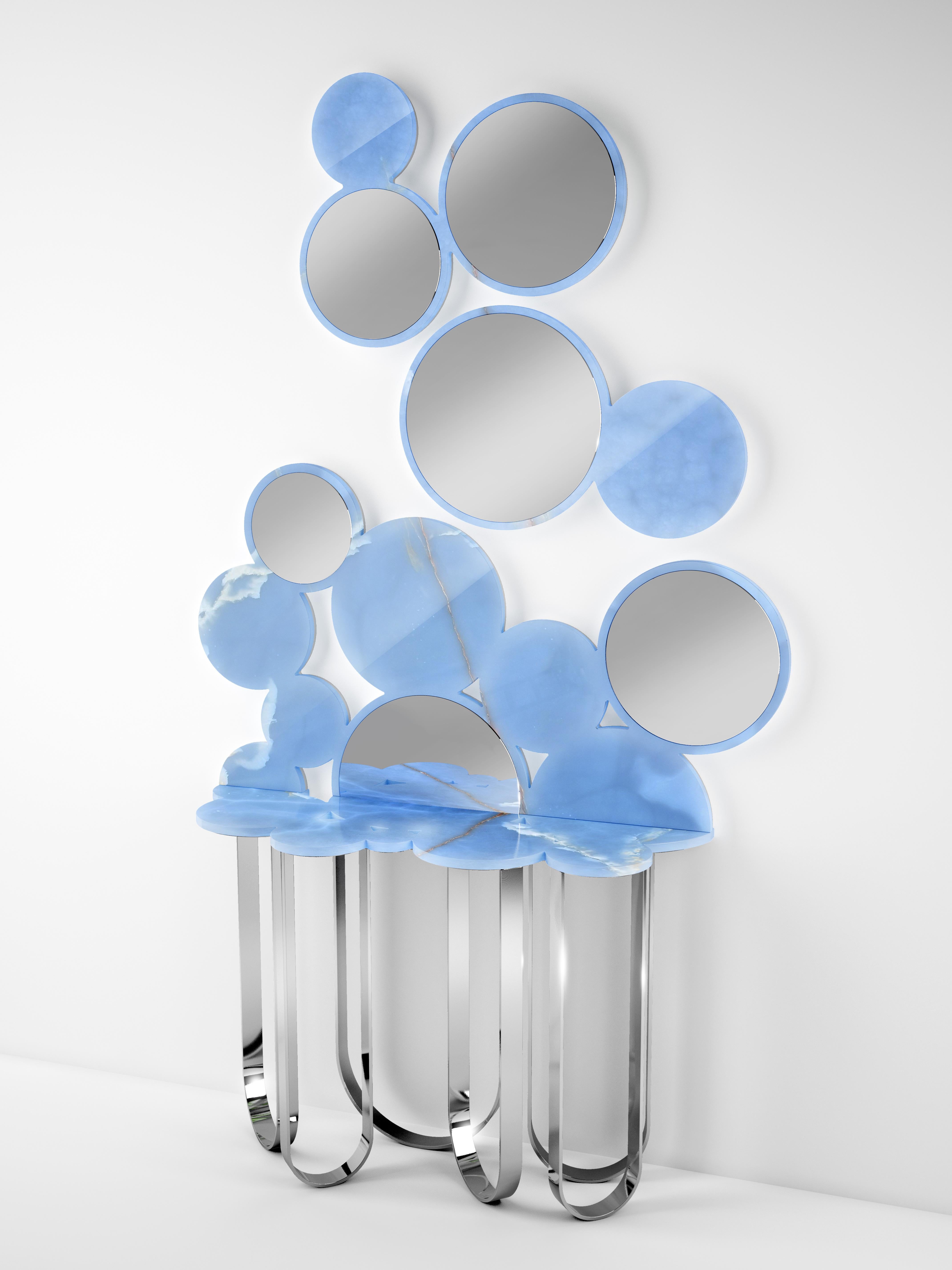 Italian Blue Onyx Marble Console Table Wall Mirror, Steel Rings Base Collectible Design For Sale