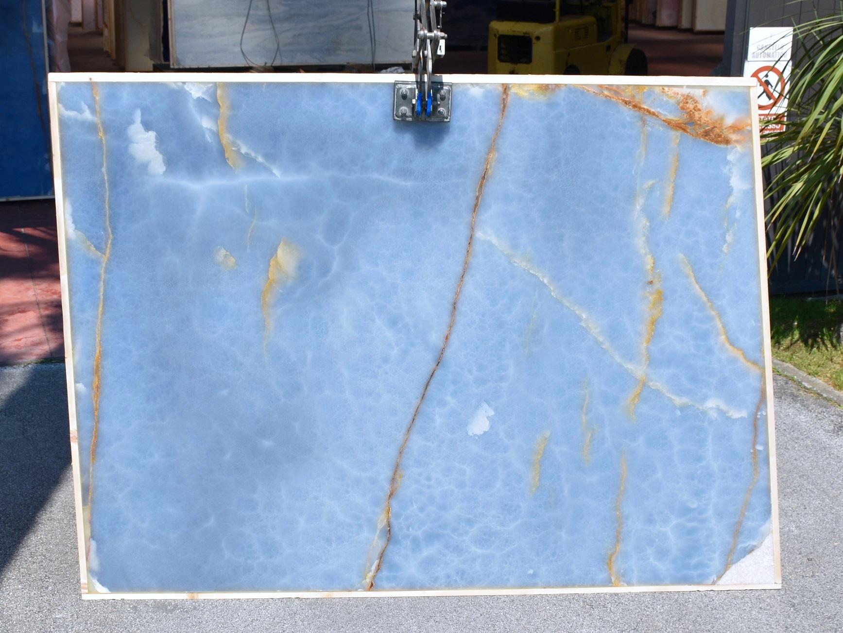 Polished Blue Onyx Marble Console Table Wall Mirror, Steel Rings Base Collectible Design For Sale