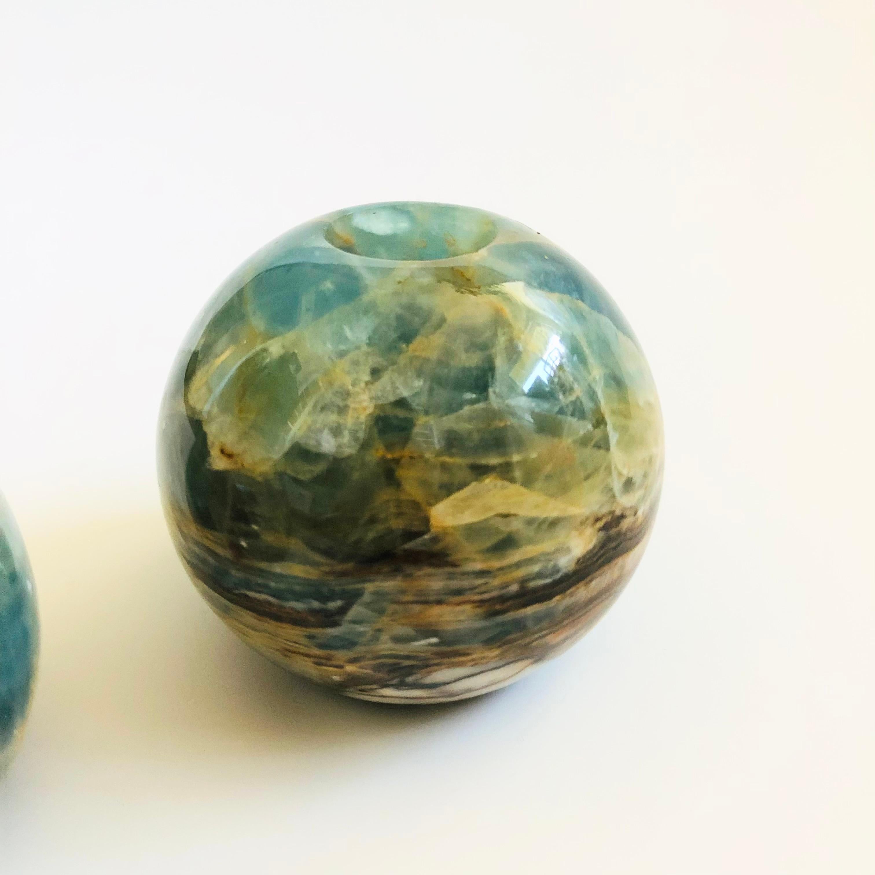 Blue Onyx Sphere Candle Holders - Set of 2 In Good Condition For Sale In Fairfield, CA
