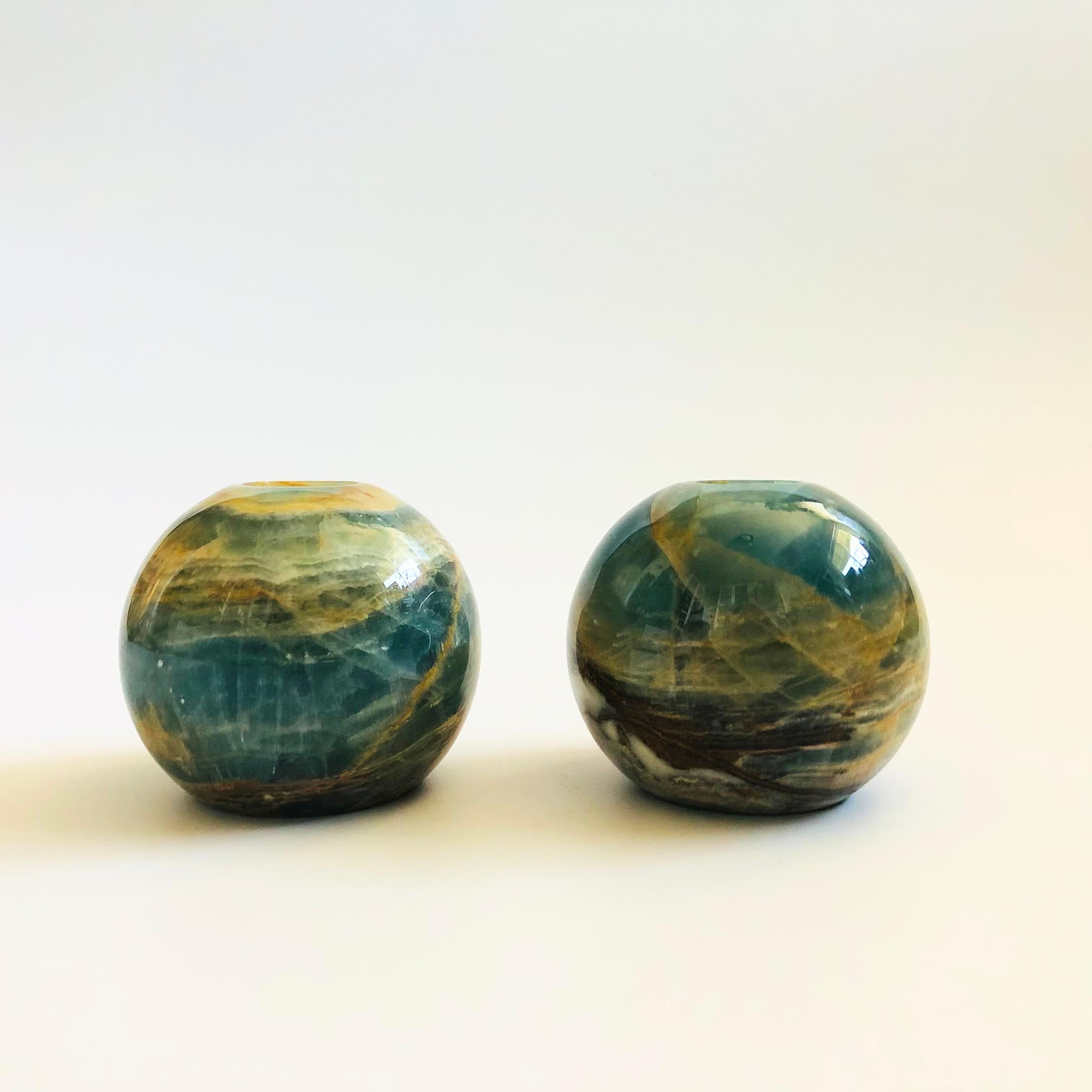 20th Century Blue Onyx Sphere Candle Holders - Set of 2 For Sale