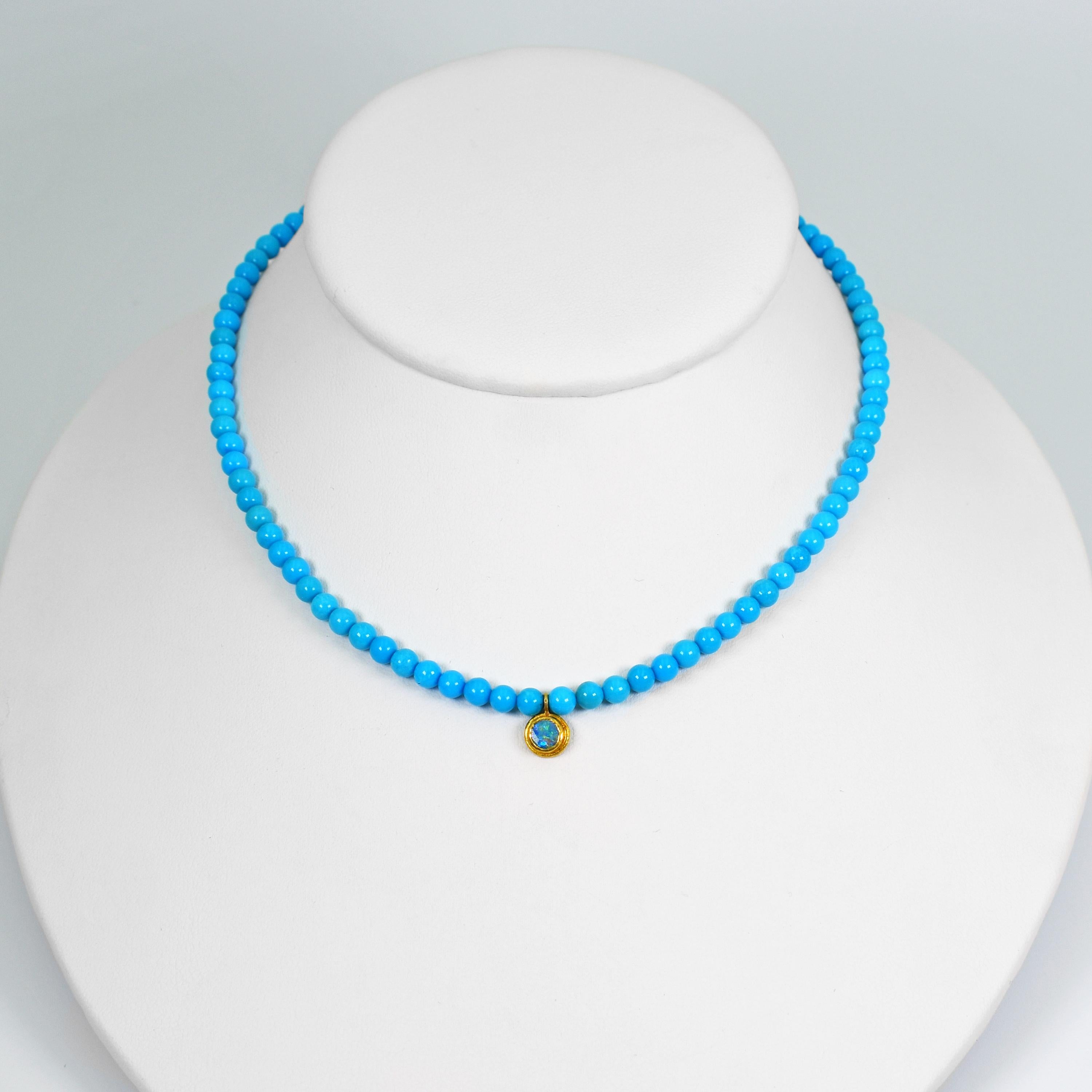 Blue Opal, 22 Karat Gold, and Sleeping Beauty Turquoise Beaded Pendant Necklace In New Condition In Naples, FL
