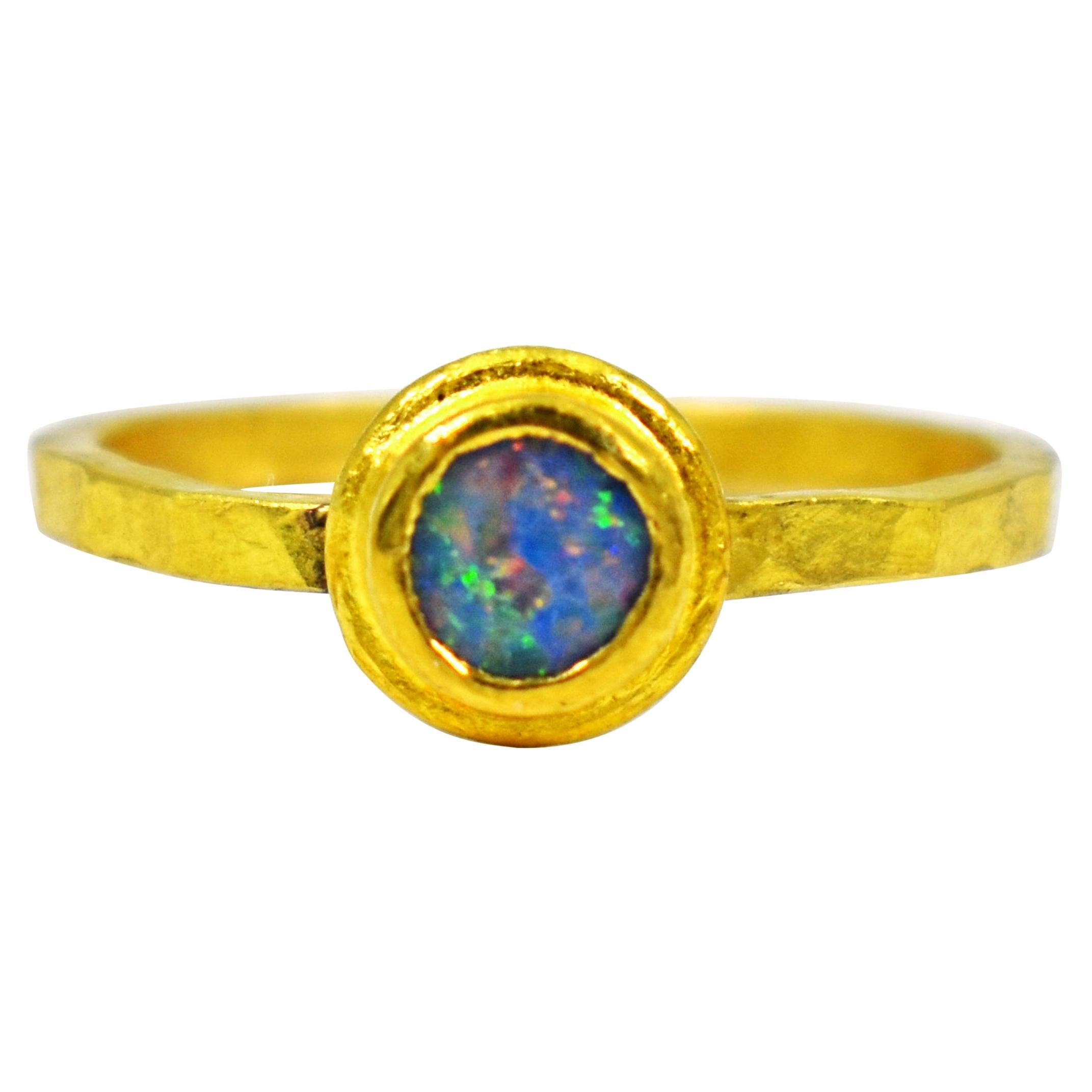 Blue Opal 22 Karat Gold Bezel Stacker Fashion Ring