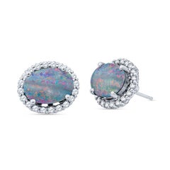 Blue Opal and Diamond Stud Earrings in 14KT White Gold
