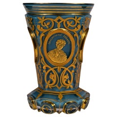 Antique Blue Opal Goblet, Gilded Engraving, Secret Speech Symbolism, Freemasons