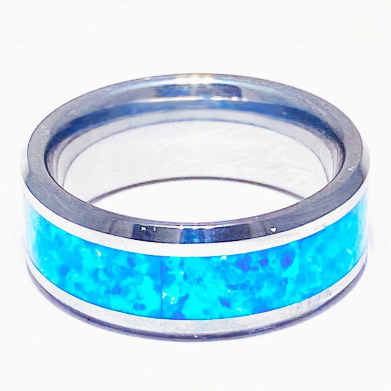 Blue Opal Inlay Tungsten Steel Men's Band, Genuine Opal Ring Wide ...