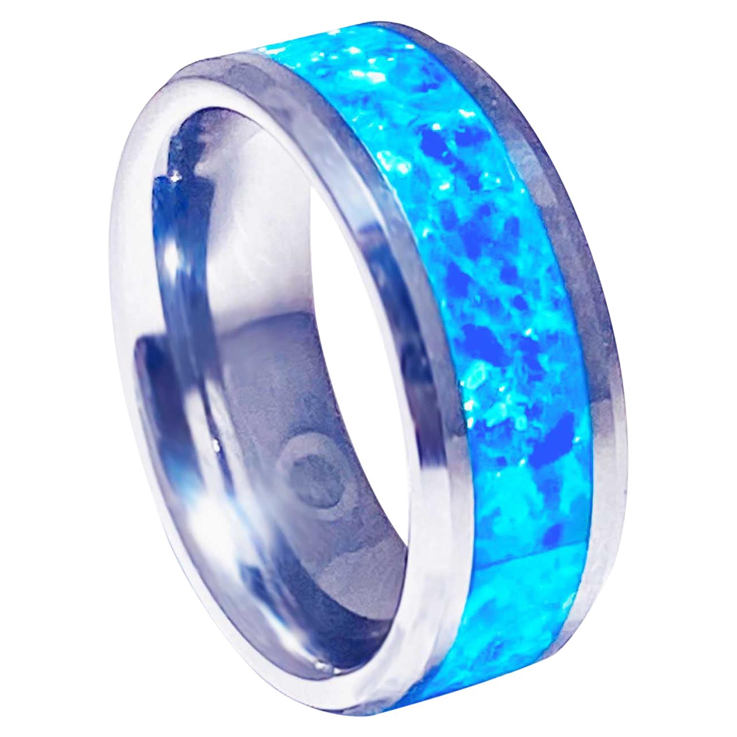 Blue Opal Inlay Tungsten Steel Men's Band, Genuine Opal Ring Wide Wedding