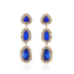 Blue Opal Natural Diamond Long Dangle Earrigns 14kt Gold Jewelry Art Deco