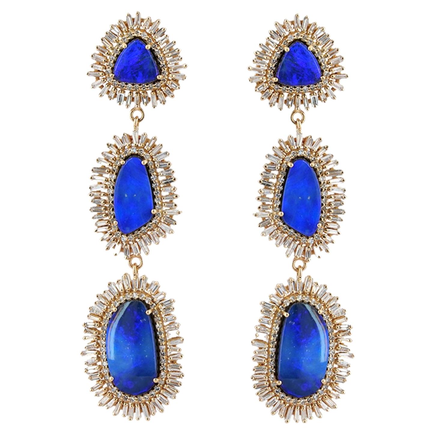 Orecchini a goccia in oro 14K con opale blu 18,04 carati e diamante baguette 4,67 carati Gioielli di pregio