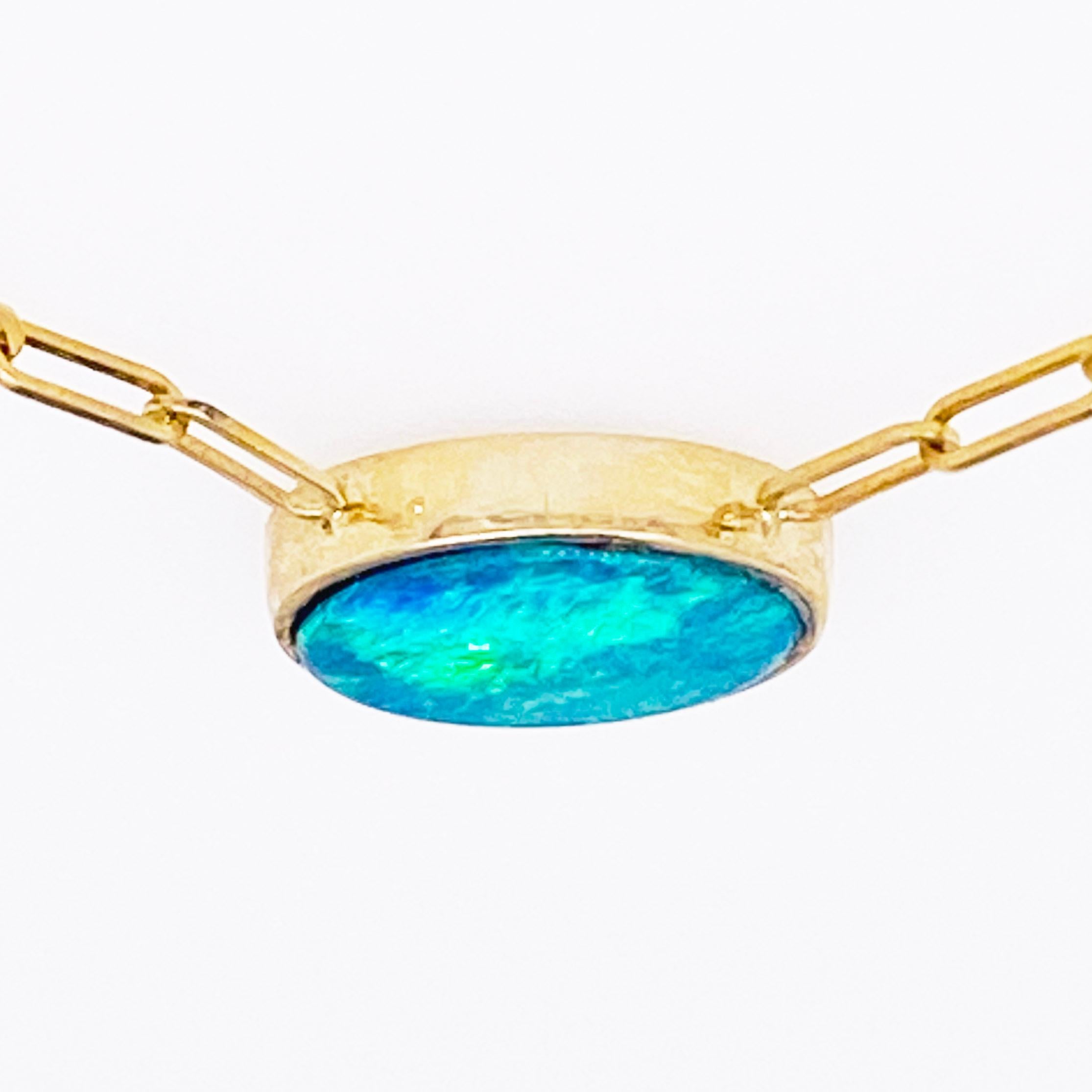 Blauer Opal Halskette, 14k Gold Paperclip Kette, Papierklammer-Halskette, Anhänger, Blau (Moderne)