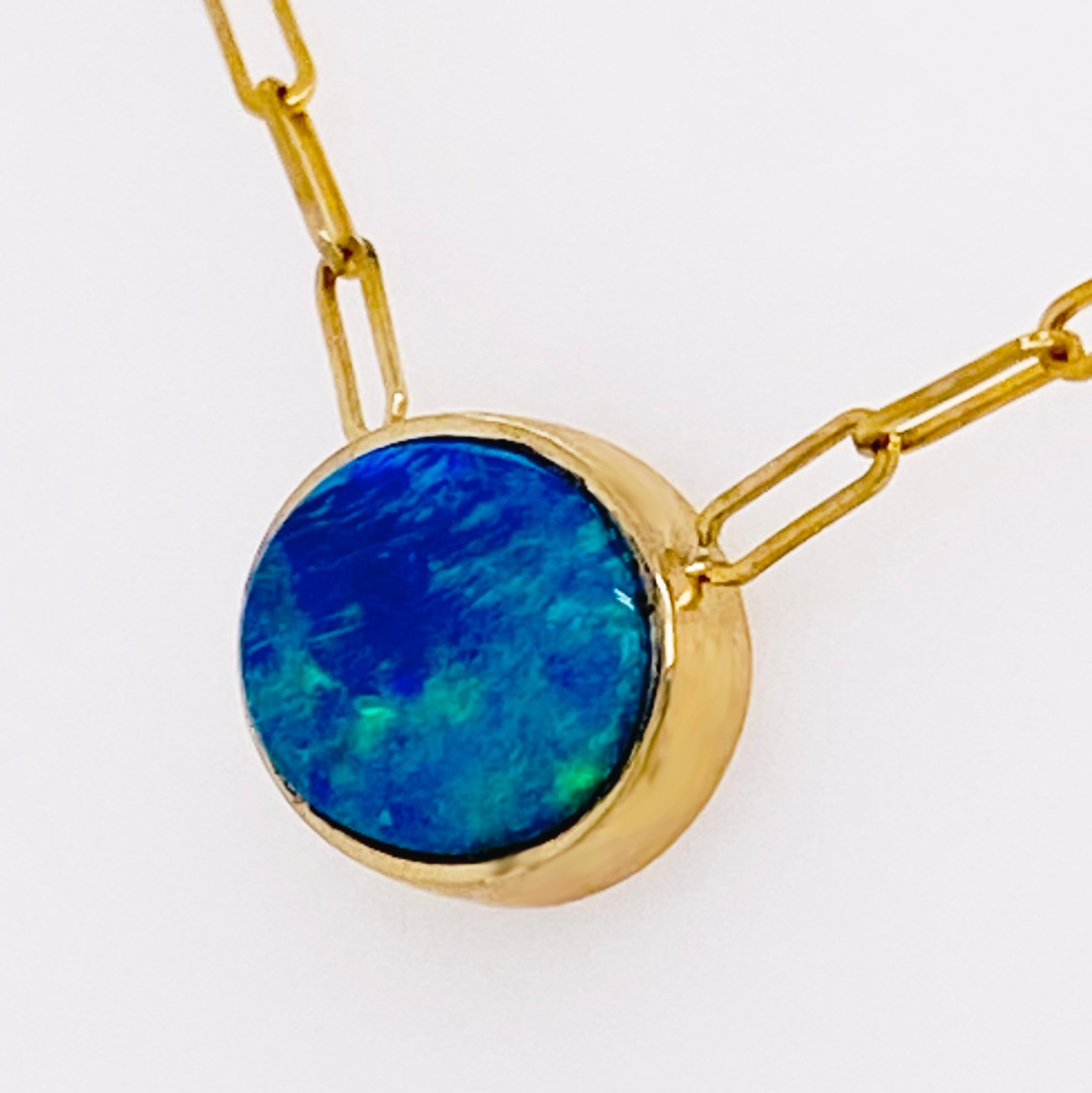 Modern Blue Opal Necklace, 14k Gold Paperclip Chain, Paper Clip Necklace, Pendant, Blue