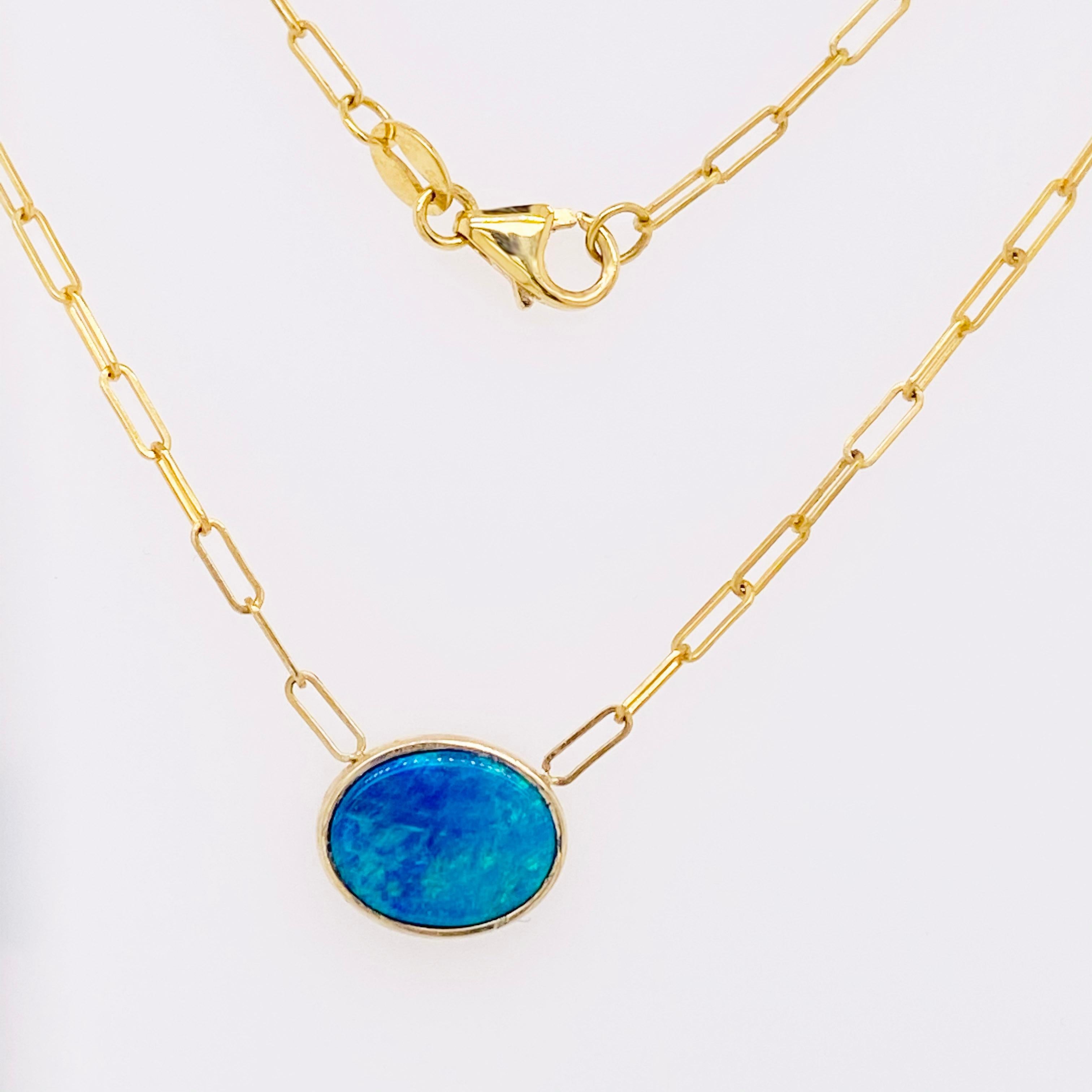 Oval Cut Blue Opal Necklace, 14k Gold Paperclip Chain, Paper Clip Necklace, Pendant, Blue