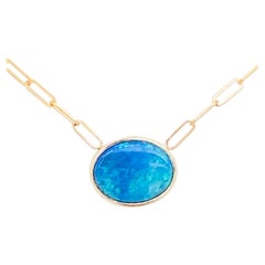 Blauer Opal Halskette, 14k Gold Paperclip Kette, Papierklammer-Halskette, Anhänger, Blau