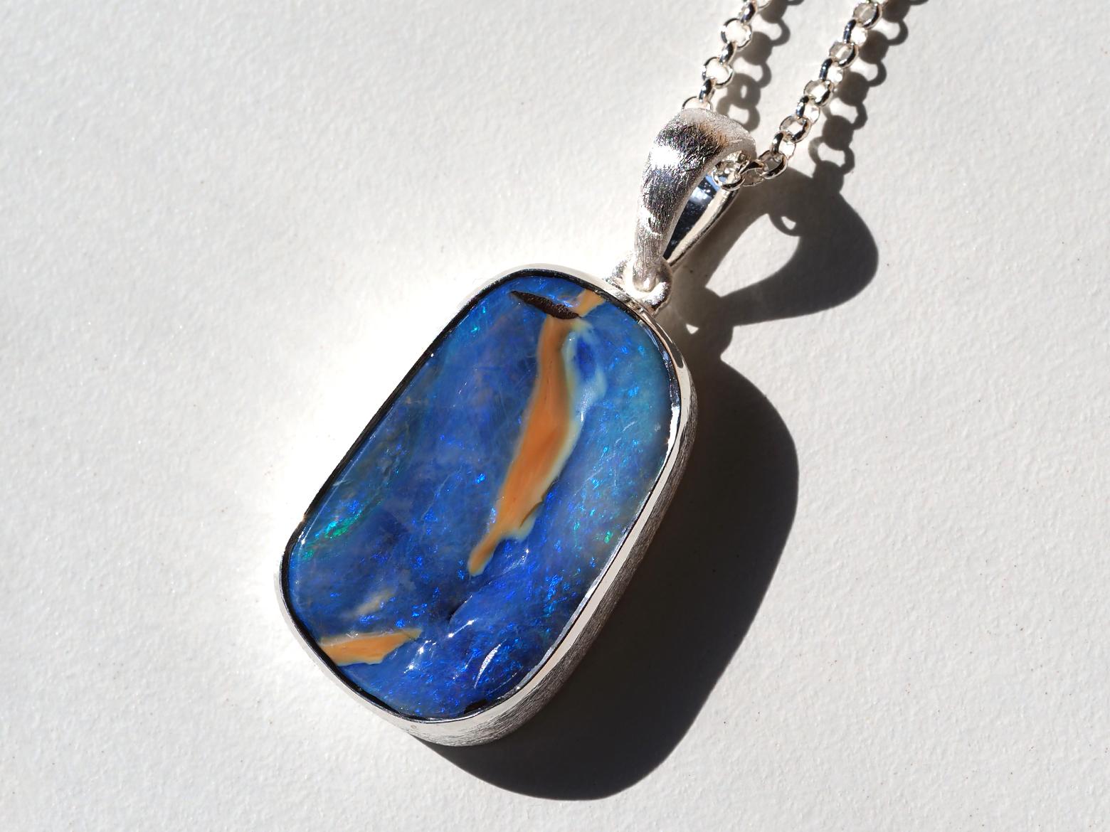 Blauer Opal Halskette 925 Sterling Silber Australischer Boulder Opal Anhänger im Angebot 4