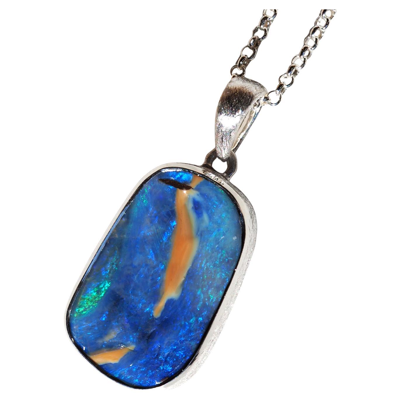 Collana di opale blu in argento 925 Ciondolo di opale australiano Boulder