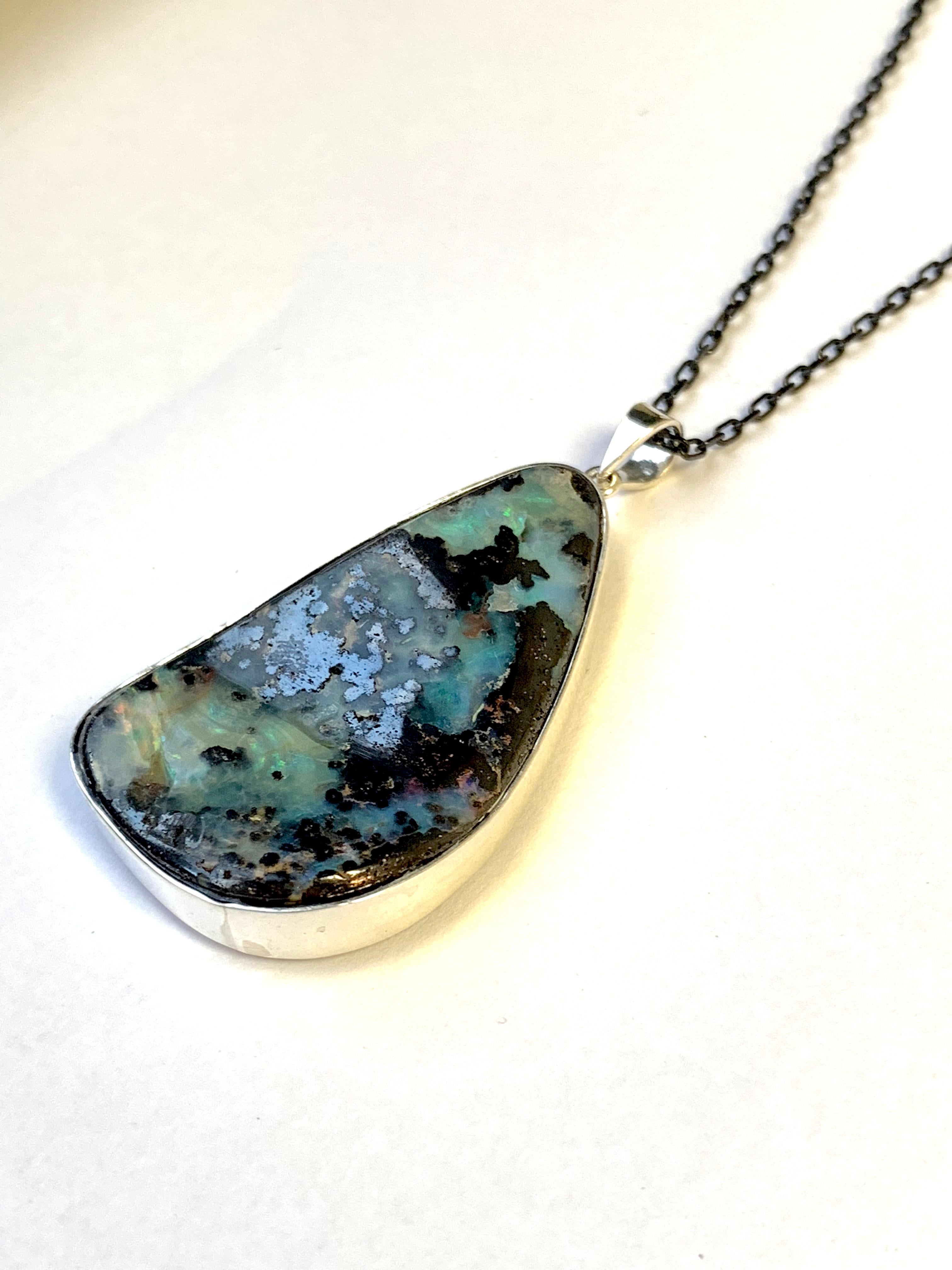 Contemporary Blue Opal Pendant Fashion Necklace 925 Sterling Silver