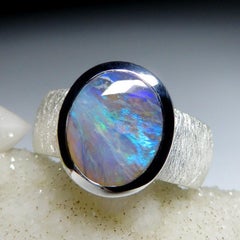 Blue Opal Ring silver Bright Blue  Clouds Pearly Luster Gem