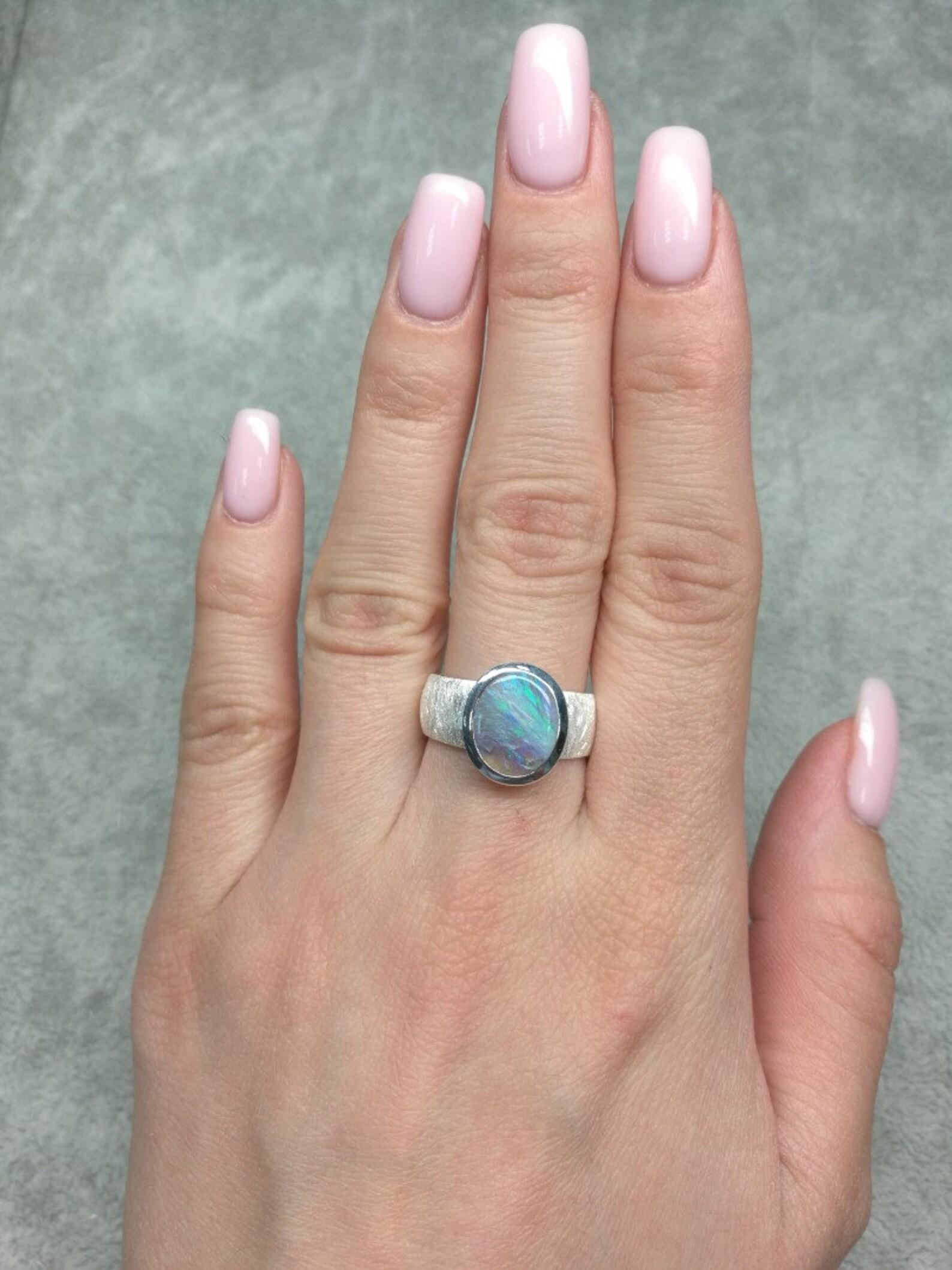 Artist Blue Opal Ring silver Bright Blue  Clouds Pearly Luster Gem For Sale