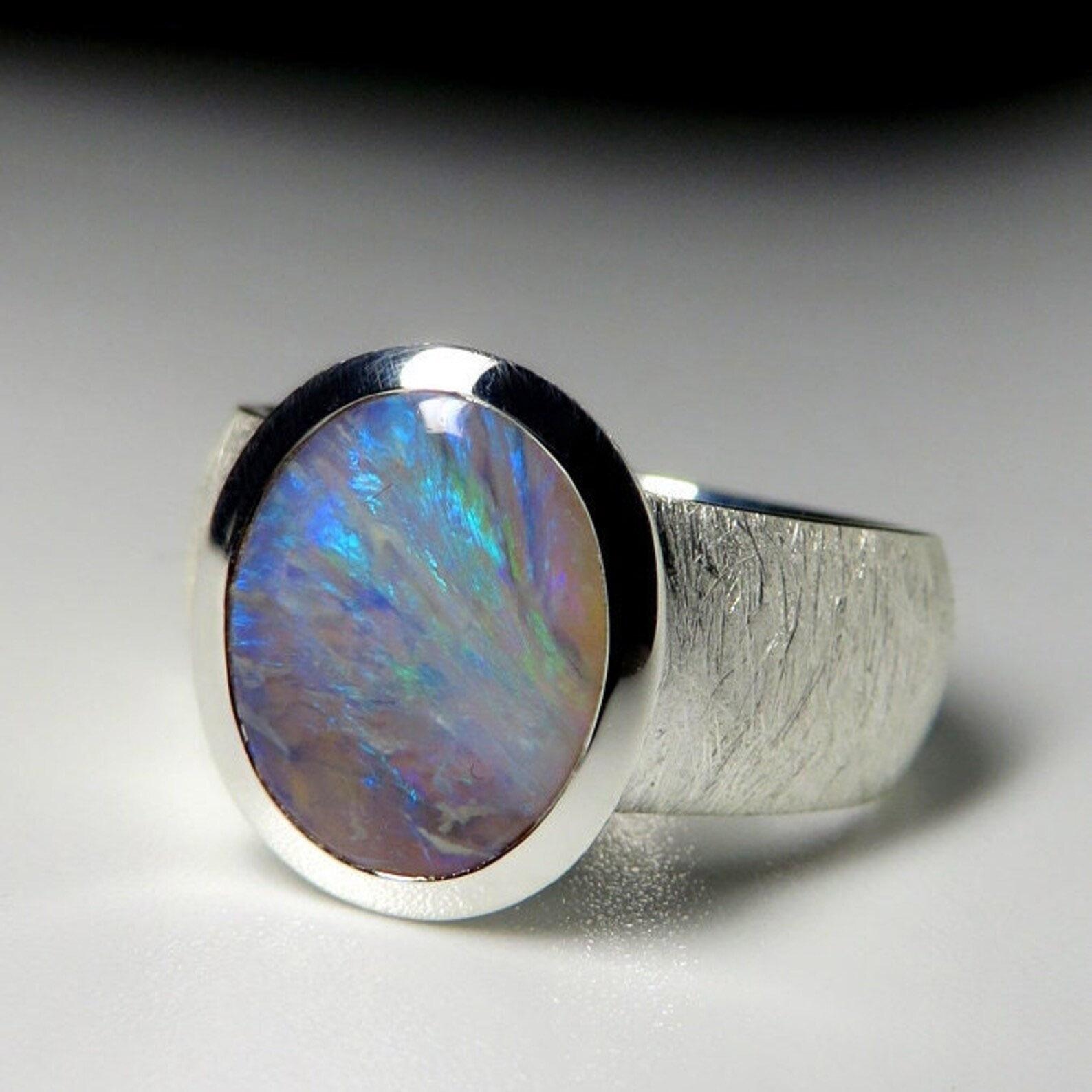 Round Cut Blue Opal Ring silver Bright Blue  Clouds Pearly Luster Gem For Sale