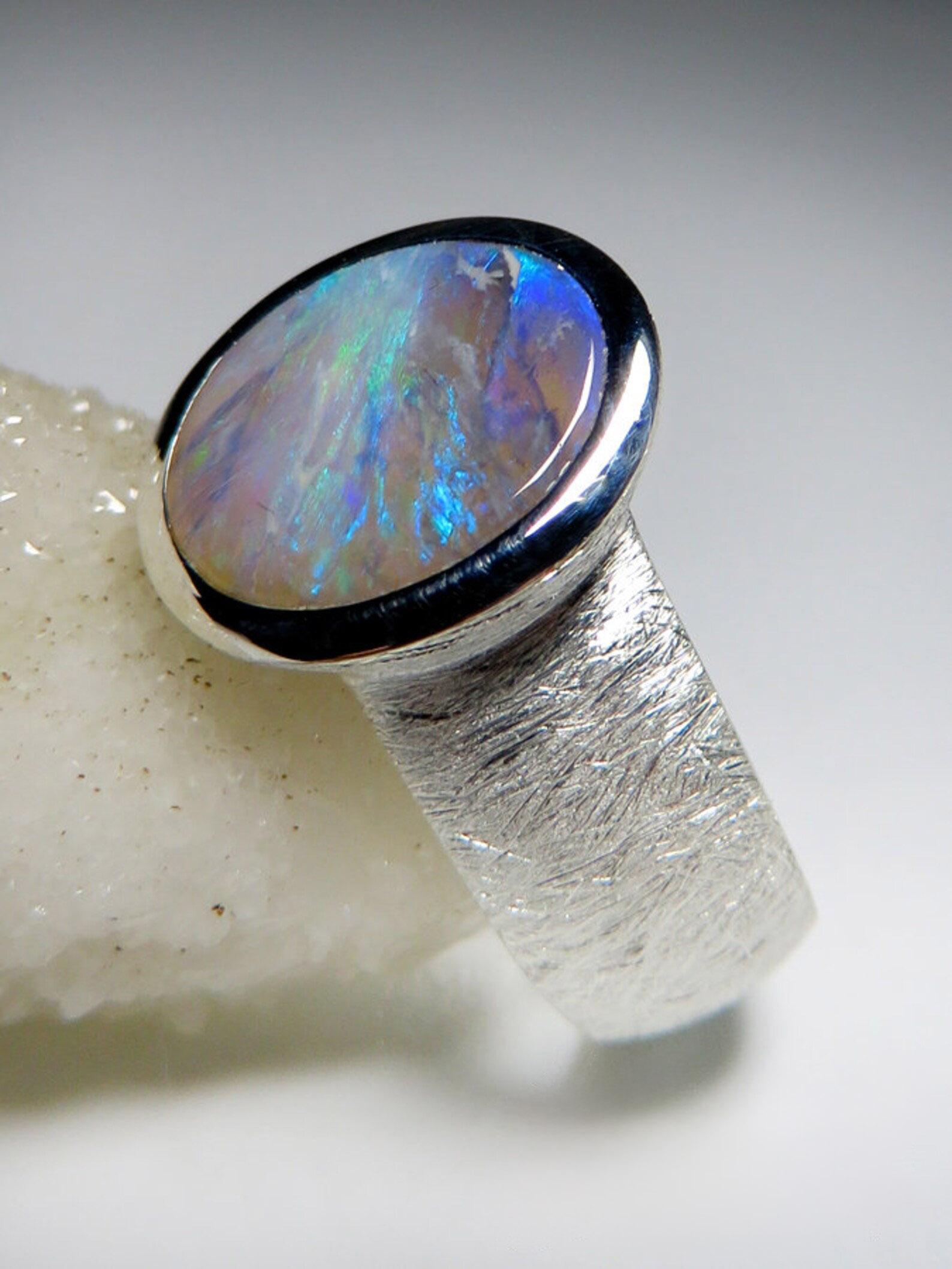 Women's or Men's Blue Opal Ring silver Bright Blue  Clouds Pearly Luster Gem For Sale