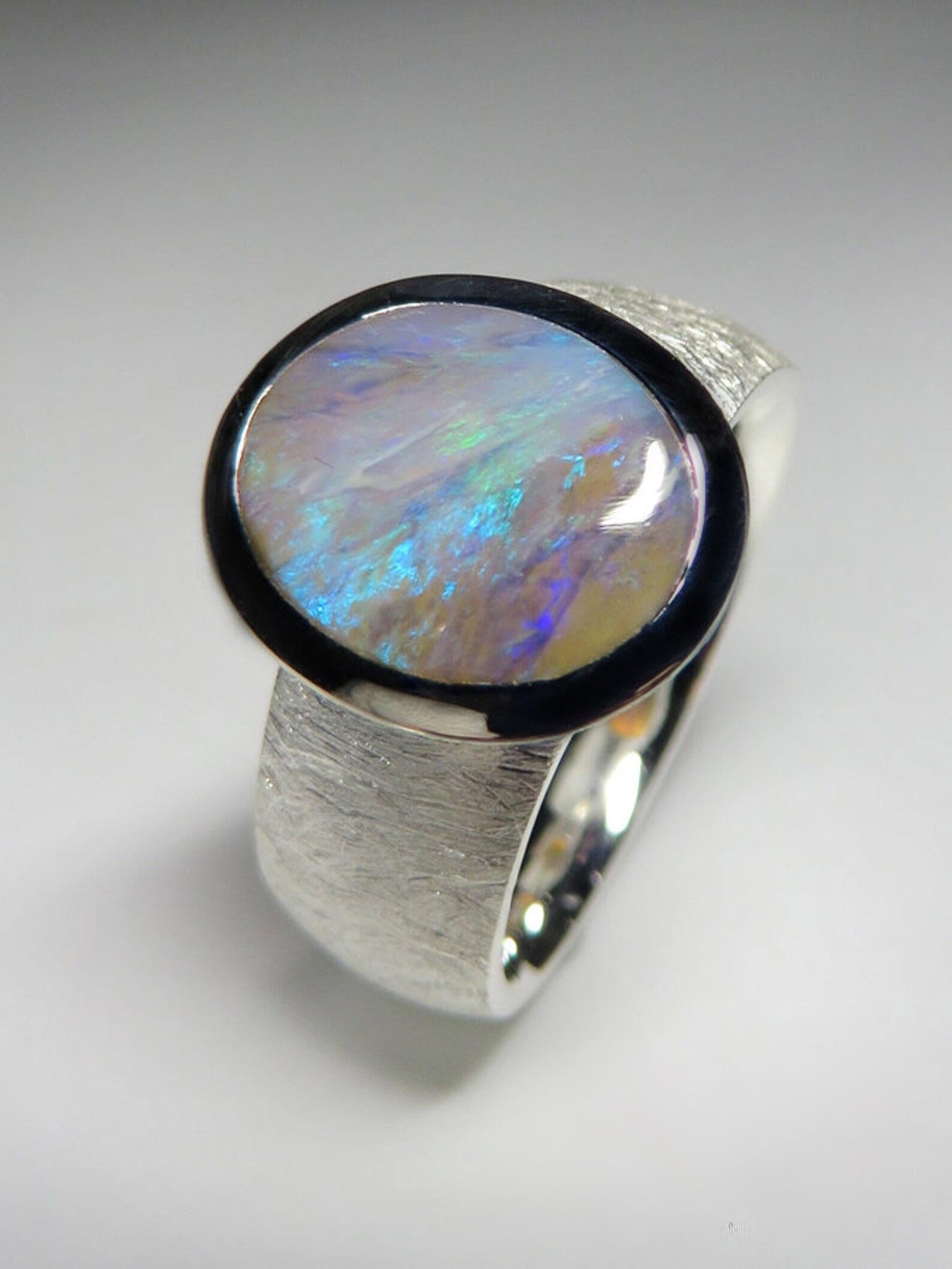 Blue Opal Ring silver Bright Blue  Clouds Pearly Luster Gem For Sale 1